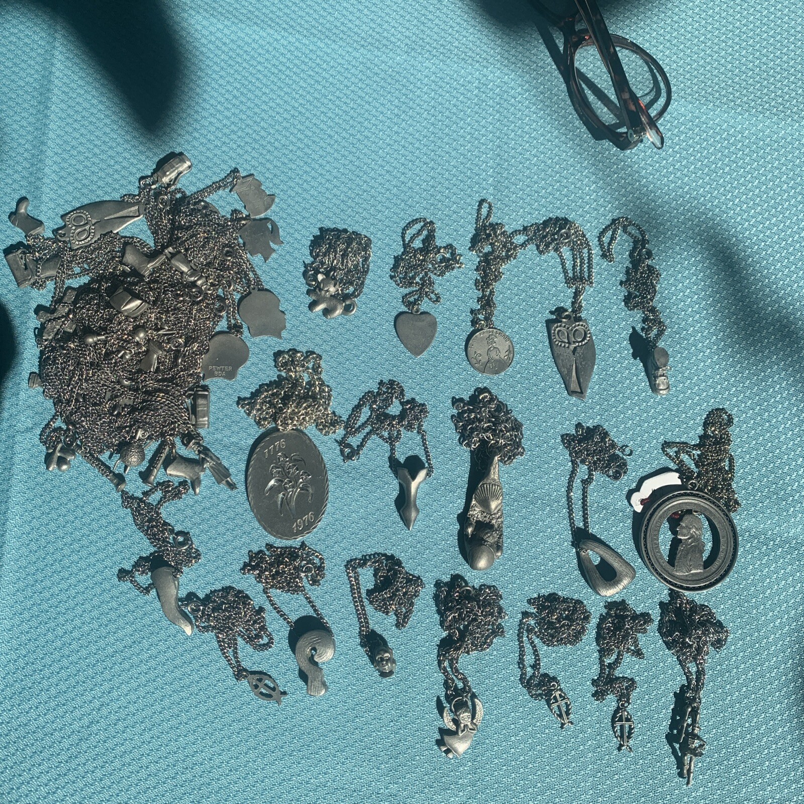 Vintage Pewter BDA Pendant Necklace Lot Of 40 Mixed Variety Signed NOS LBS610