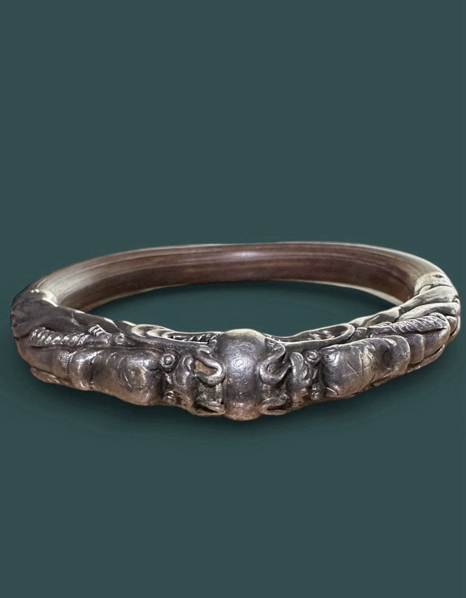VTG Chinese Sterling Silver and Bamboo Double Dragon Bracelet/Bangle 7.5”