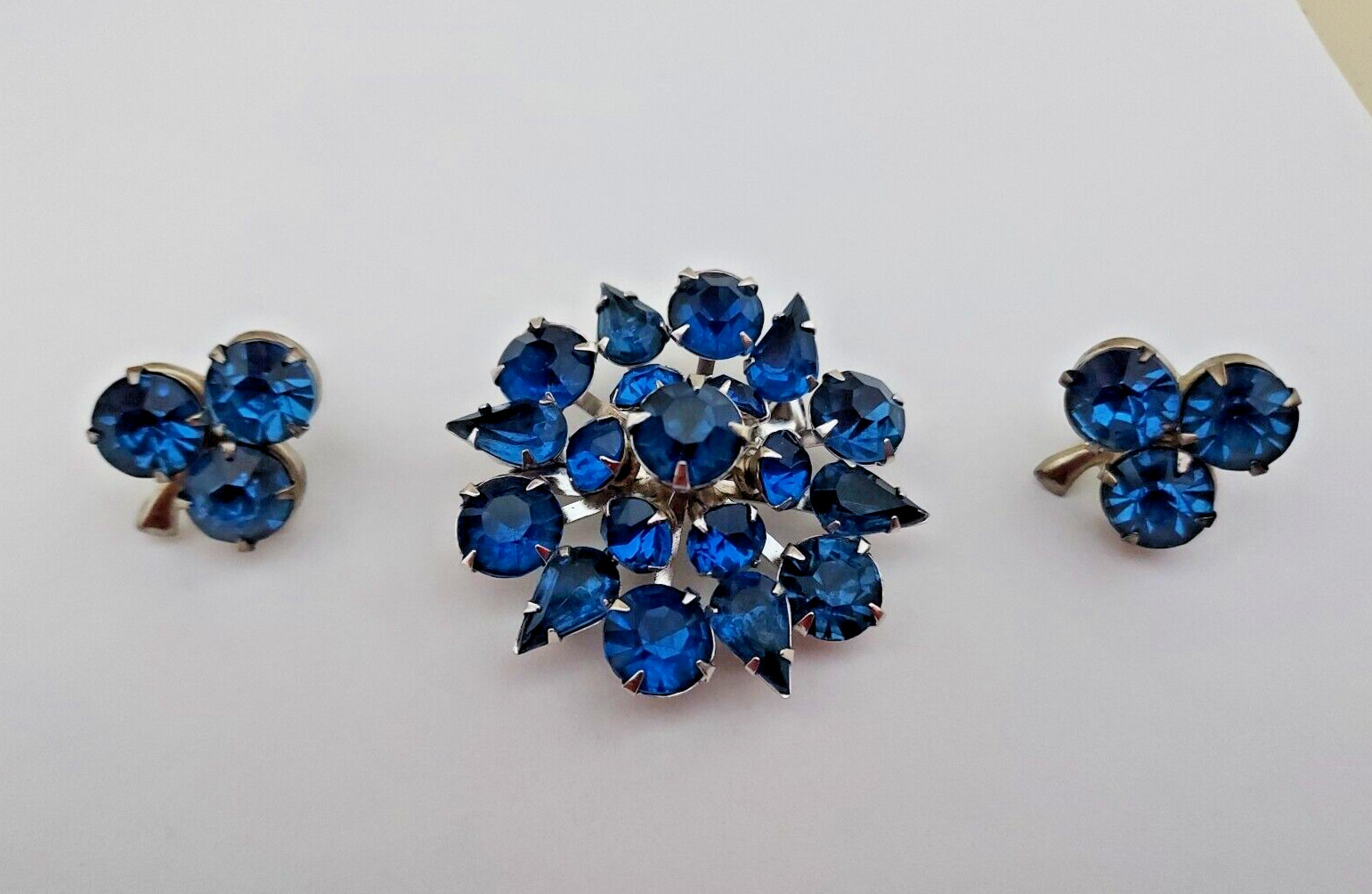 Coro Signed Pin Blue Rhinestone Earrings and Brooch Vintage Demi Set