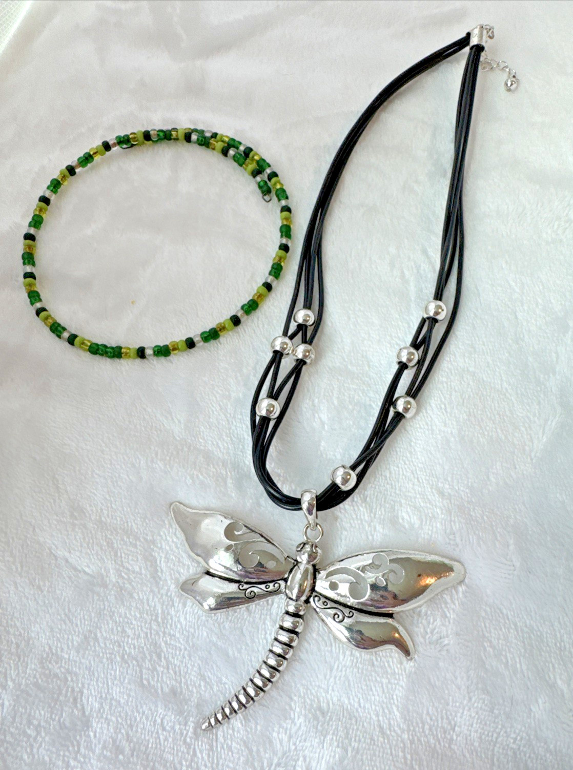 2 Necklaces LOT Girly dragonfly Y2K 1990s 2000s Silver green Jewelry costume