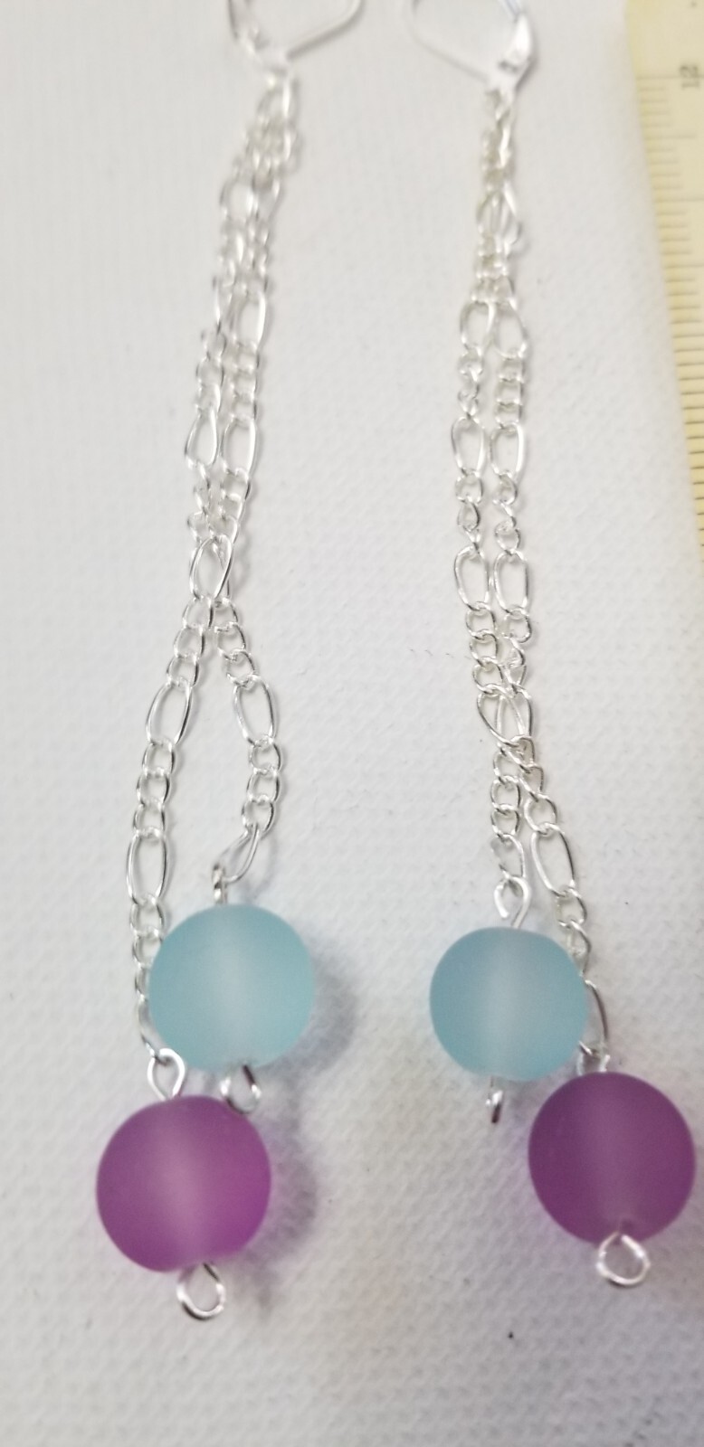 10mm Lt. Blue and Purple Seaglass 3+ in. leverback Double Dangle Drop Earrings