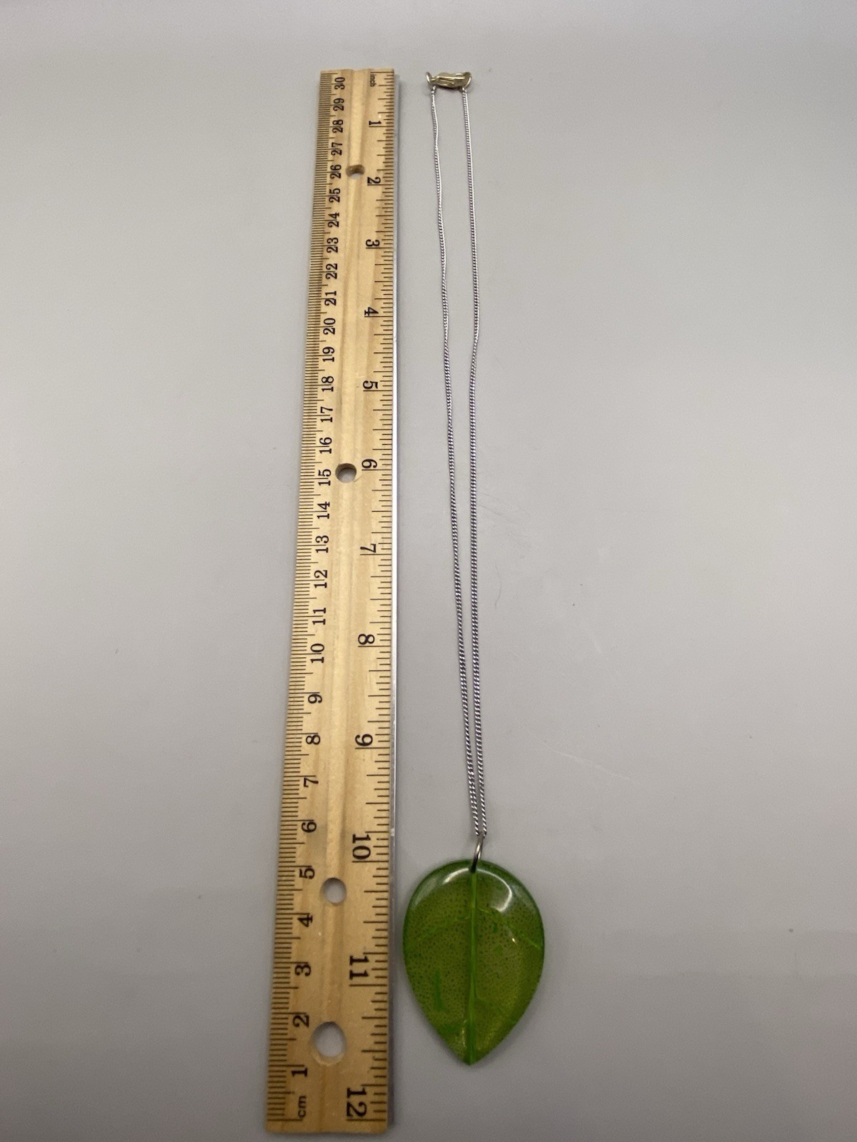 Vintage Green Resin Leaf Skeletal Pendant Necklace Silver Tone Chain Nature
