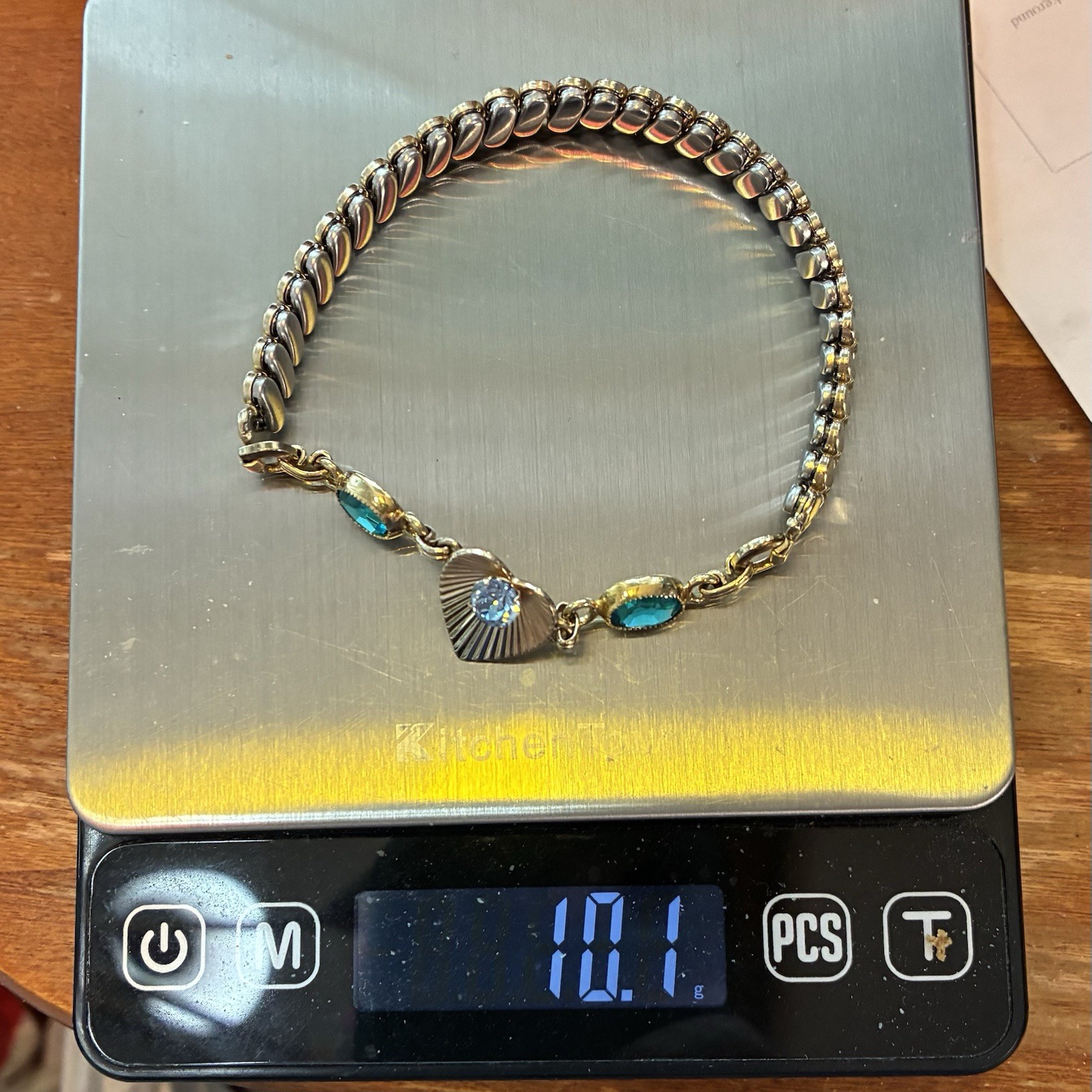 Custom Vintage Yellow Gold Filled Expansion Bracelet,Blue Glass Gems, Watch Band