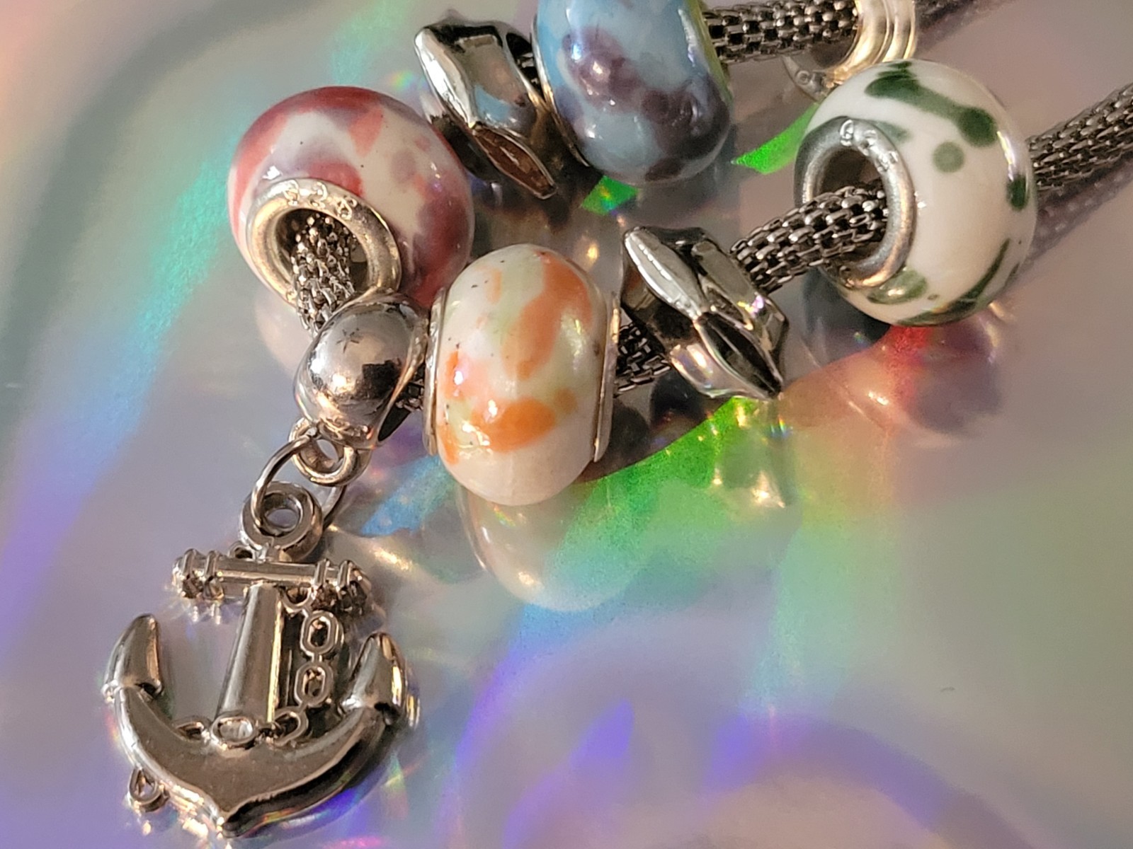 Sterling Silver Colored Art Glass Beaded Bracelet Toggle Clasp 7.5″