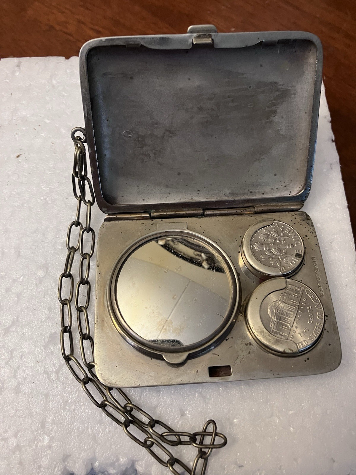 Antique Nickel Silver Clamshell Coin Case initial D Wristlet Bracelet ￼