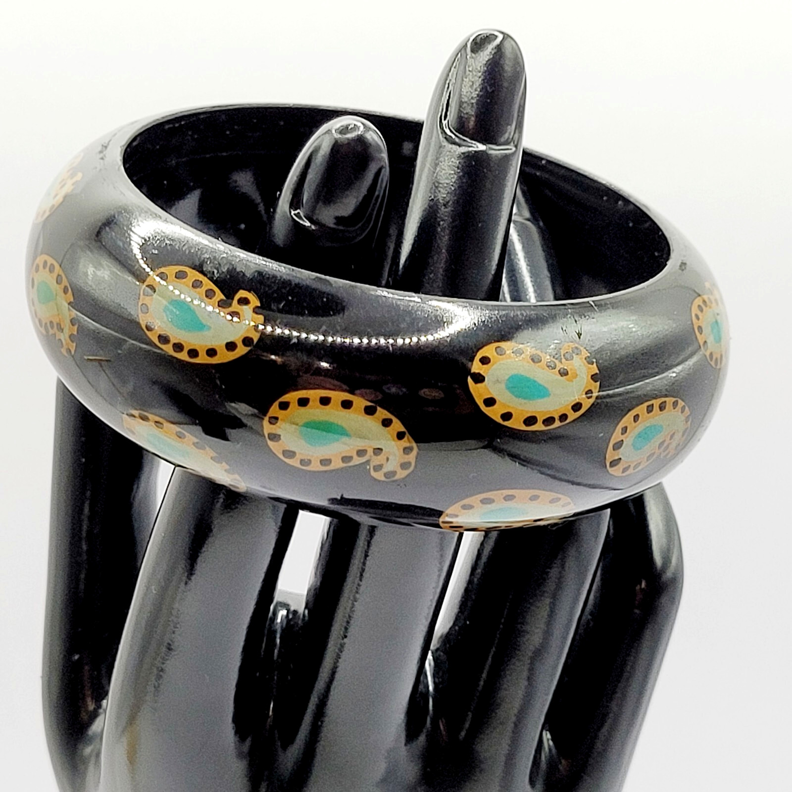Paisley on Black Vintage Wide Chunky Vintage 1980s Acrylic Bangle Bracelet 8 In