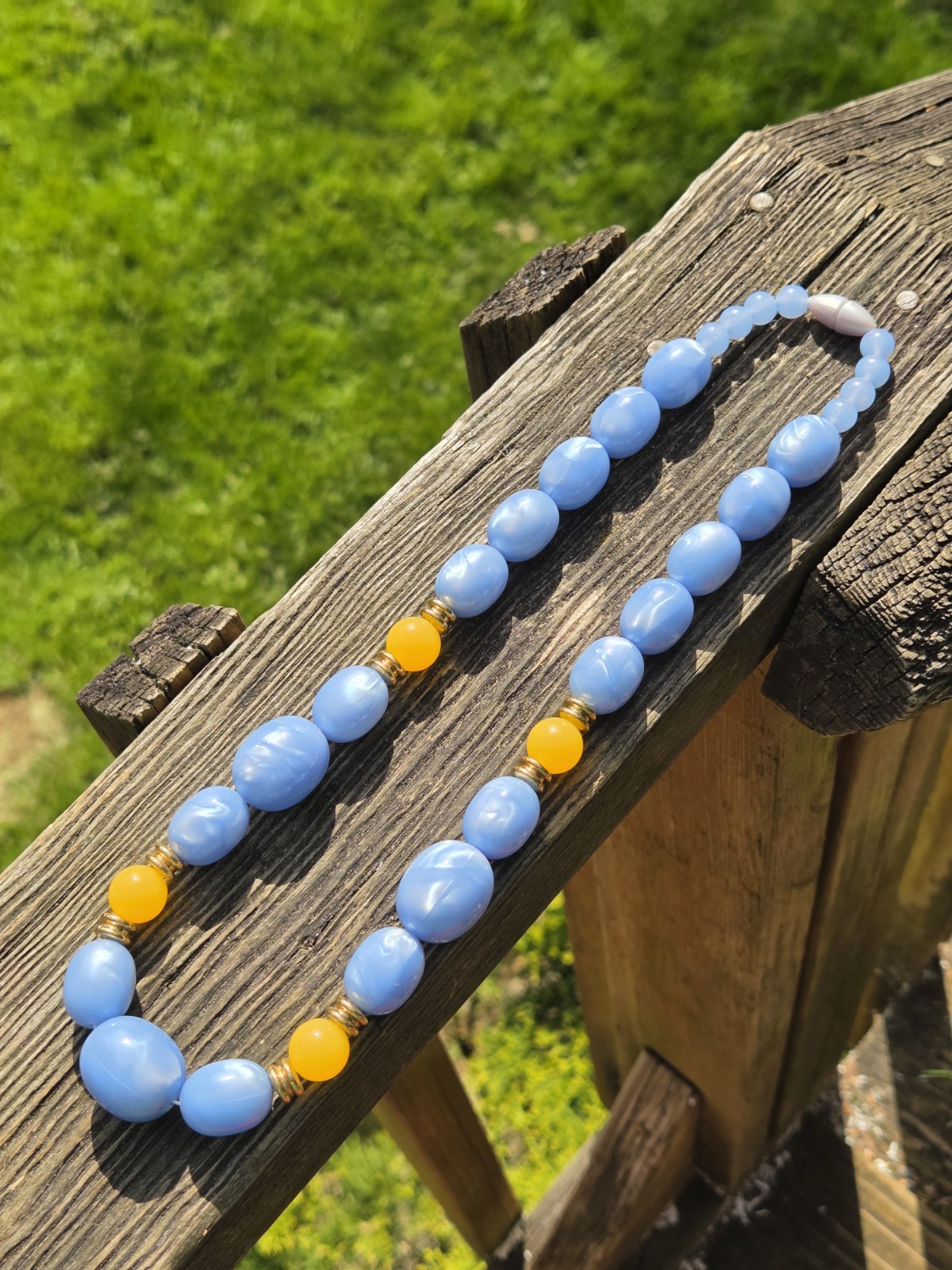 Vintage Avon Lucite Moon Glow Necklace 80s Blue Orange Gold Tone Plastic Beaded
