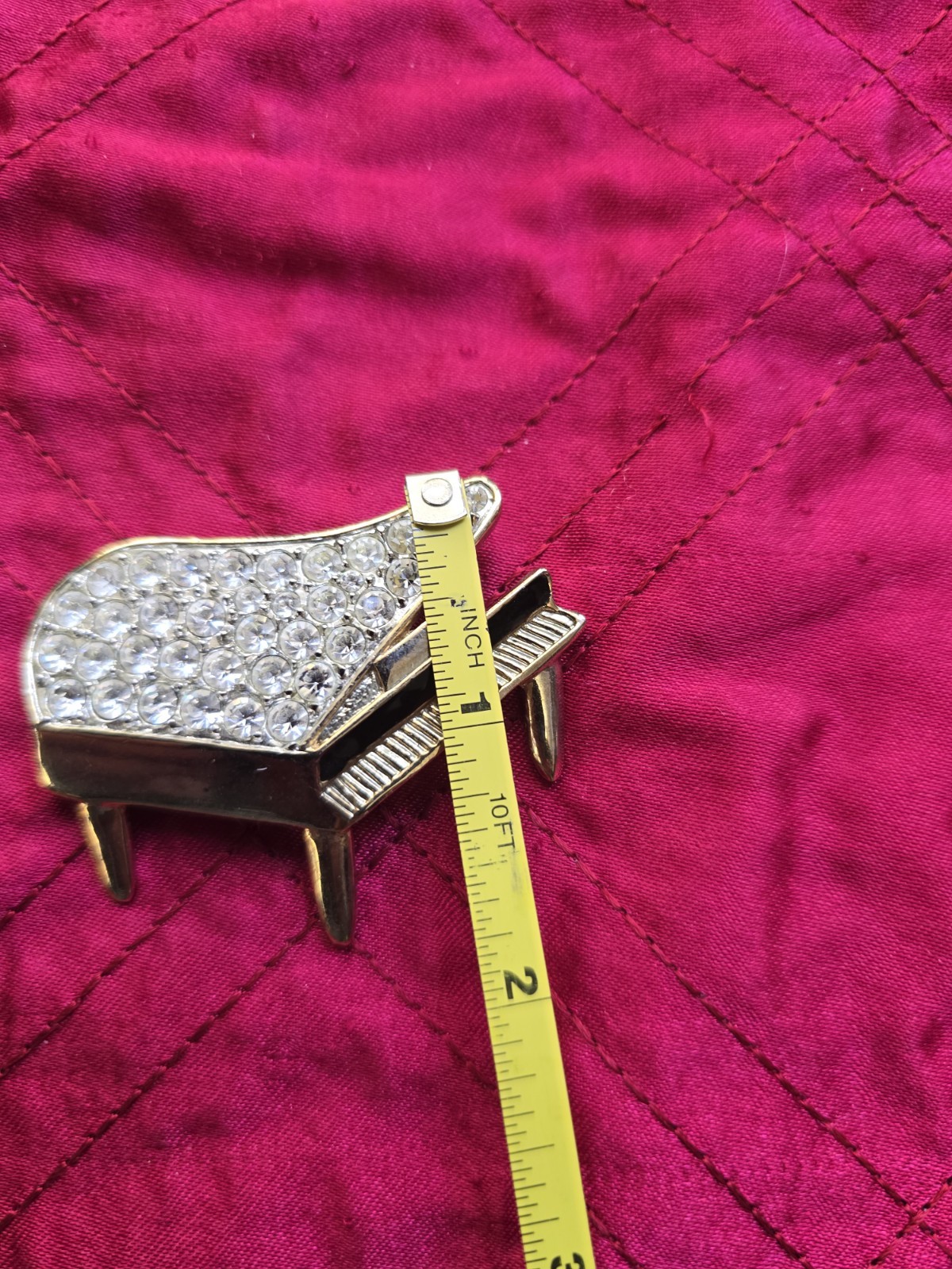Grand Piano Brooch, Approximately 2×2 Inches. Glass Gems Cover The Lid.