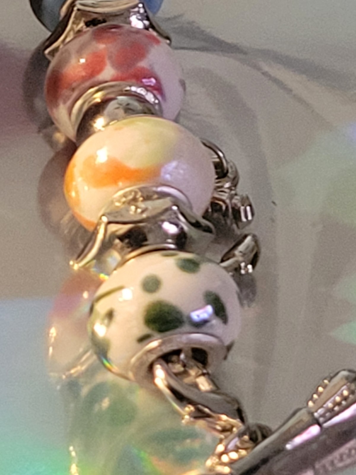Sterling Silver Colored Art Glass Beaded Bracelet Toggle Clasp 7.5″