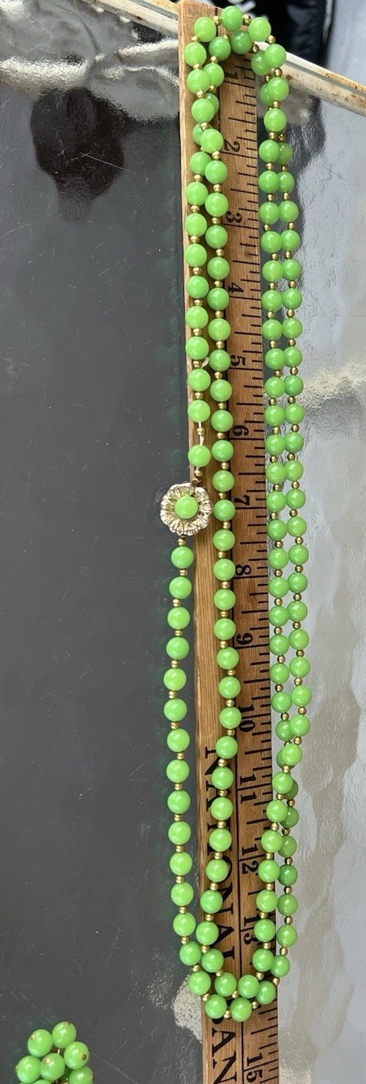 MCM Lime Green & Gold Bead Necklace with Matching Clip On Earrings Vintage Set