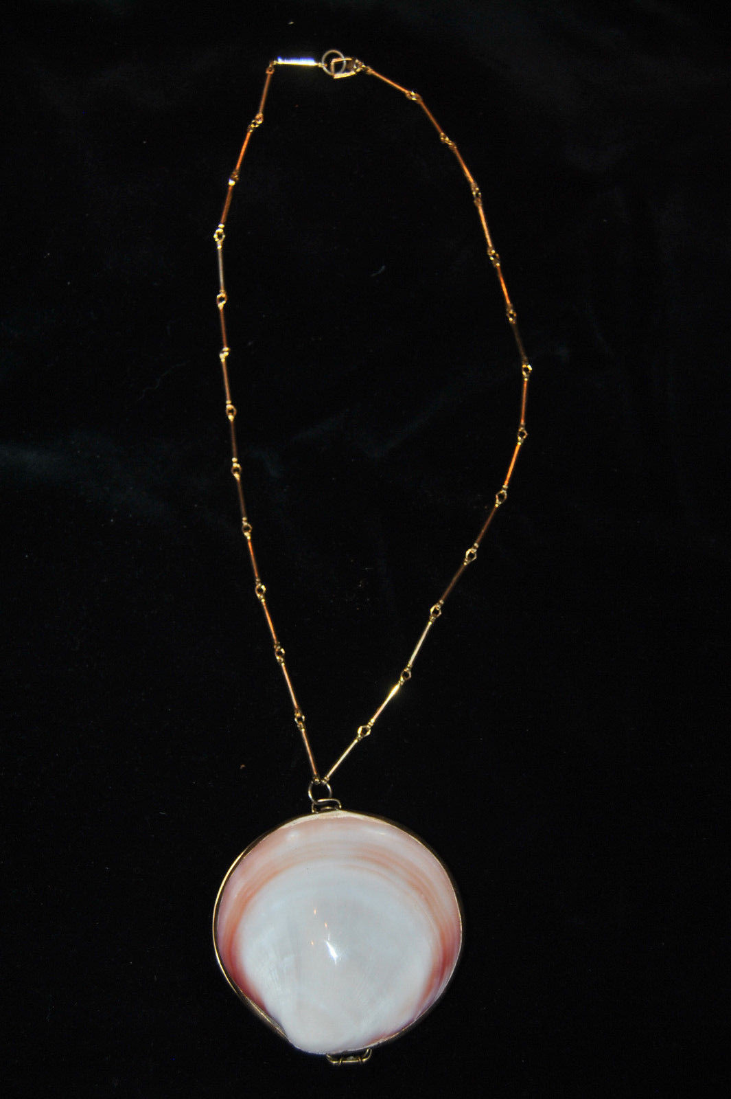 VINTAGE GOLD FRAMED LARGE CLAM SHELL PENDANT NECKLACE PURSE & BOX