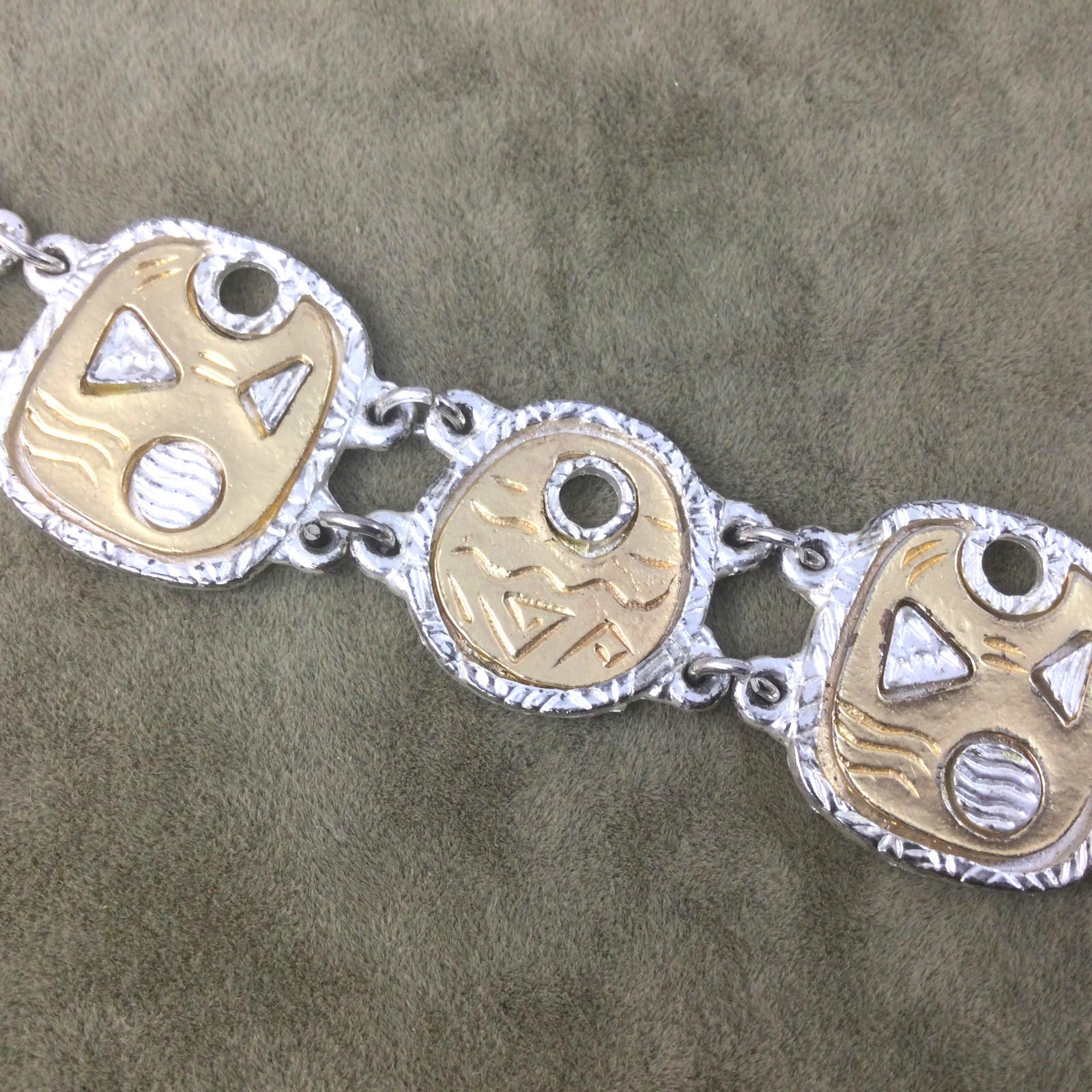 Vintage Gold Silver Metal Bracelet Geometric Design Signs Disks 7″ Not Signed