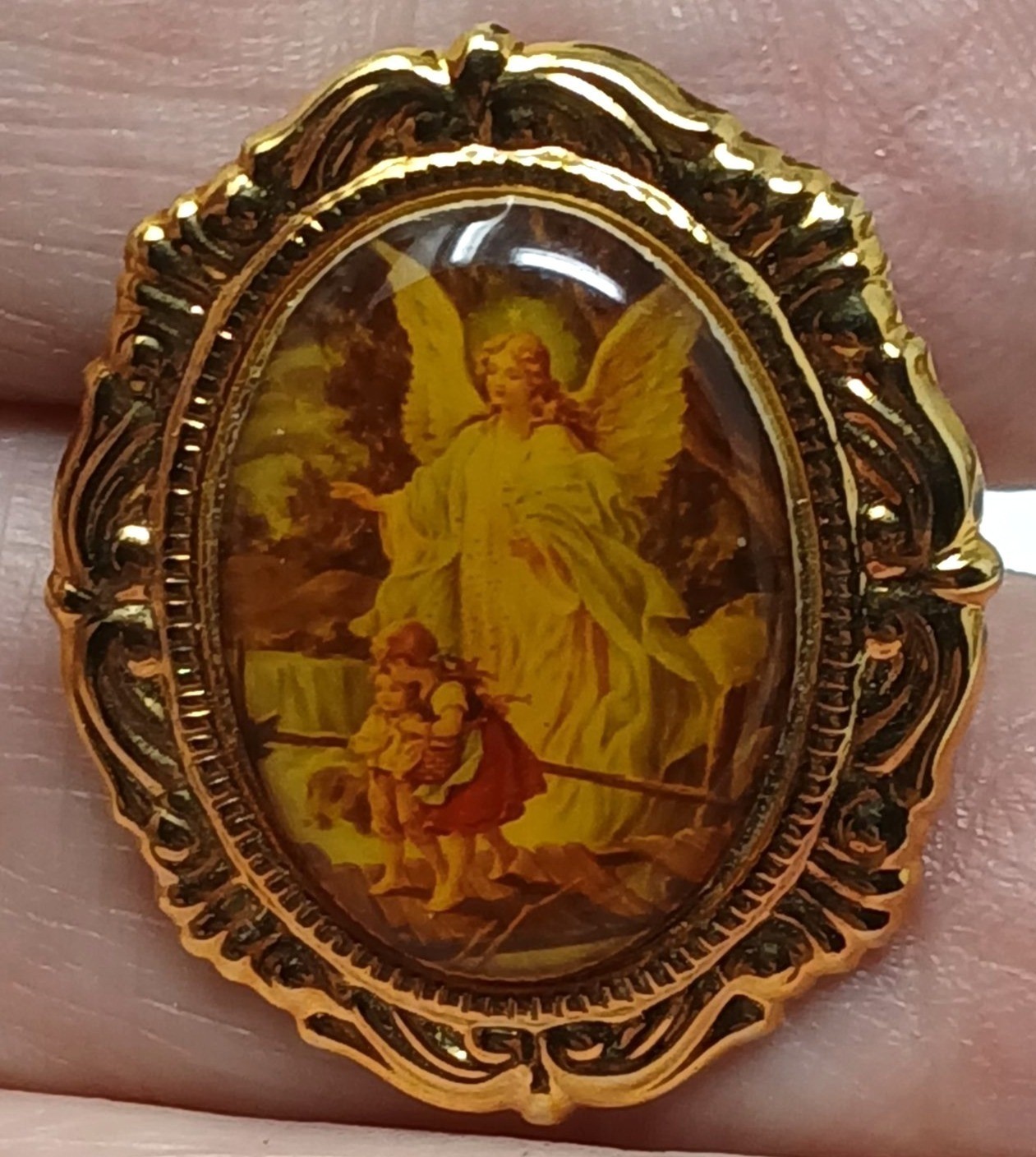 Gold Guardian Angel Pin Religious VTG Brooch With Child #J-14