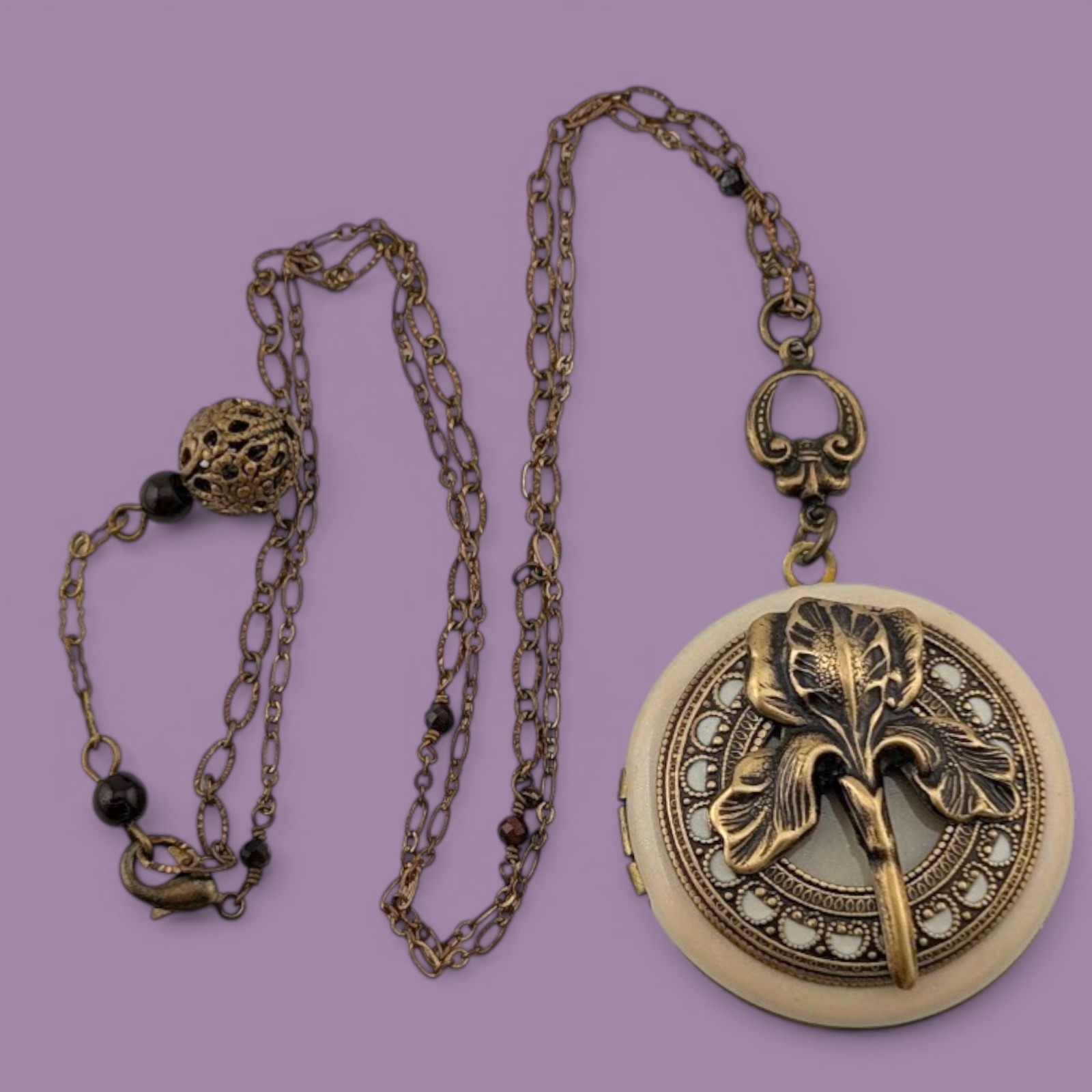 BRASS IRIS FLOWER LOCKET enamel art nouveau style photo pendant bronze chain B6
