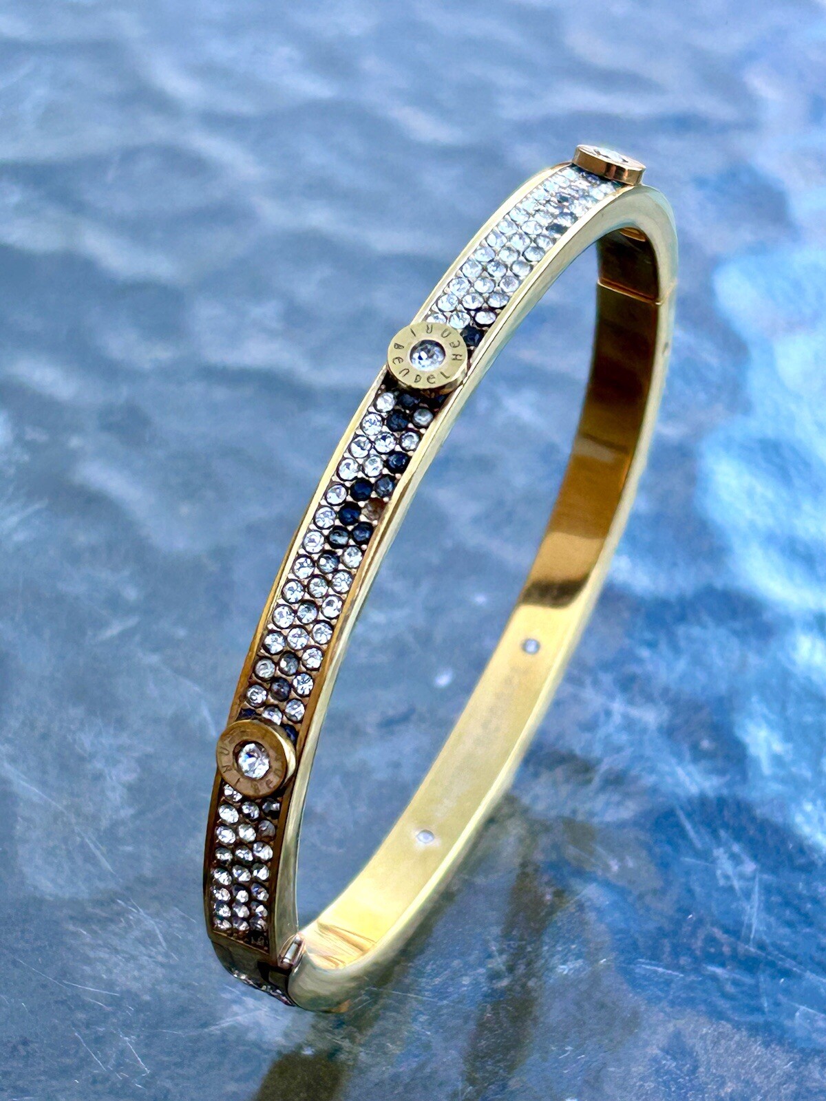 Vtg Signed Henri Bender Designer Rhinestone Gold Tone Hinged Bangle Bracelet