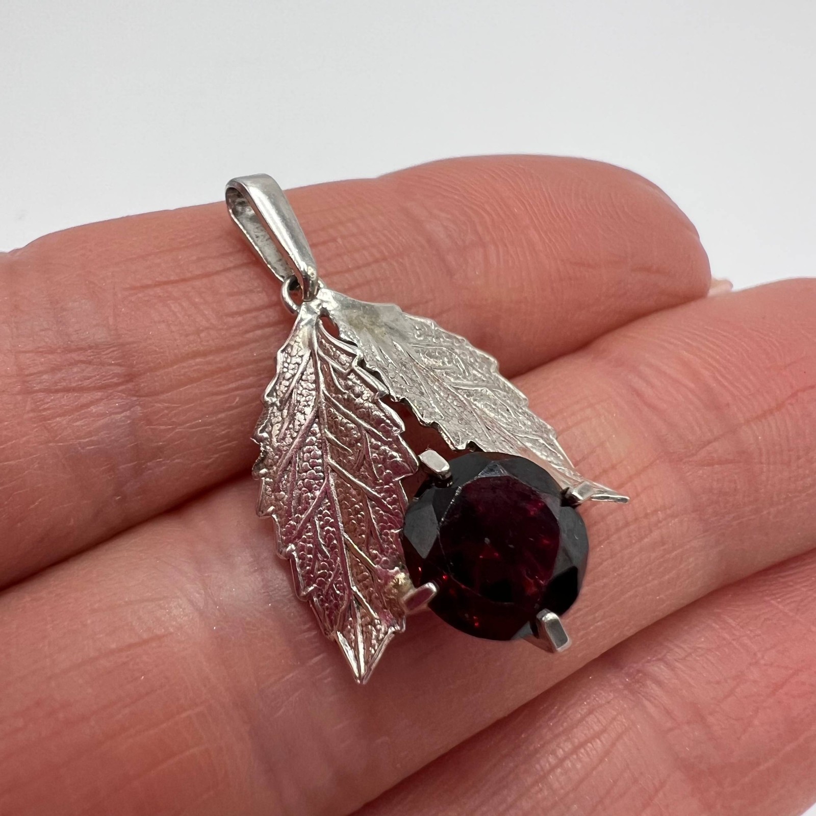 Vintage 835 Silver Leaf Pendant Red Stone | European Style | No Chain