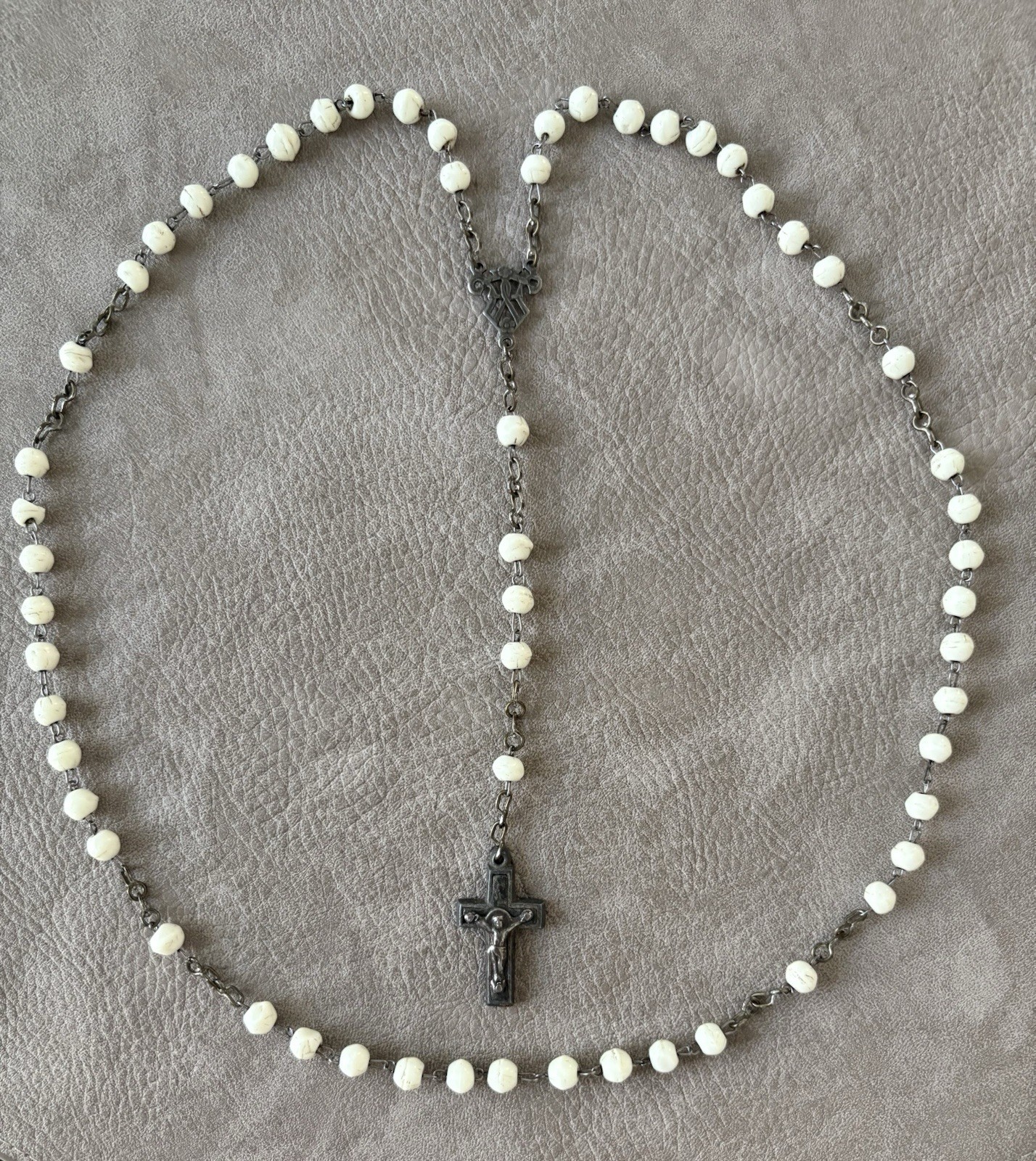 Rosary Alpaca Silver Necklace Crucifix VINTAGE 1900-1950s White Glass Beads