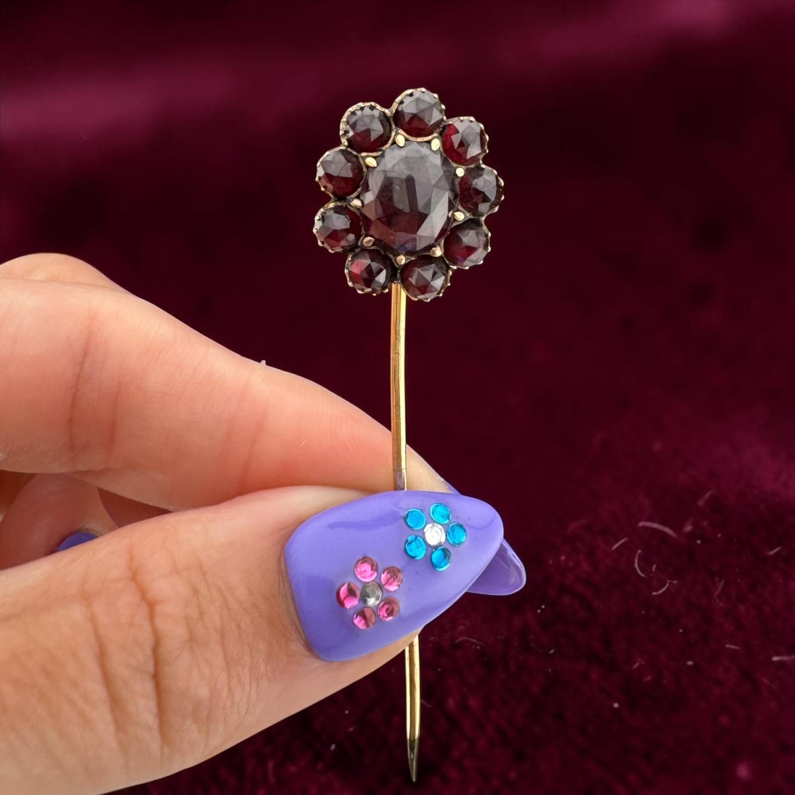 Antique Bohemian Garnet Style Glass Gold Filled Floral Cluster Stick Pin