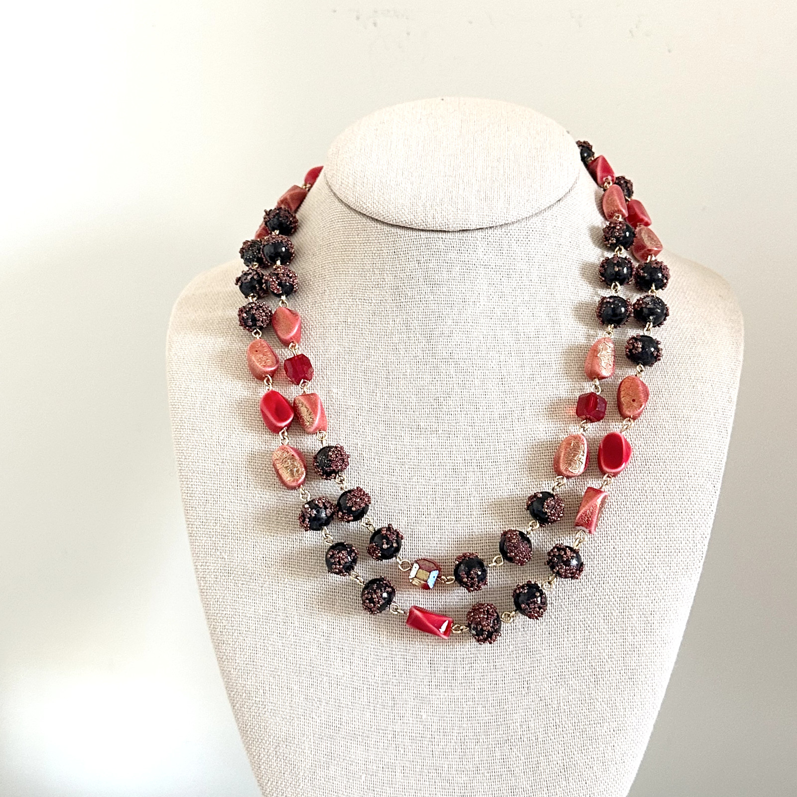 Vintage Red Crystal & Acrylic Beaded Double Row 2 Strand Adjustable Necklace