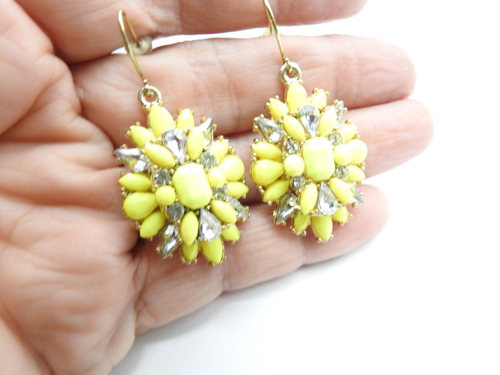 Yellow Acrylic Clear Glass Rhinestone Gold Tone Spray Pierced Earrings Vintage