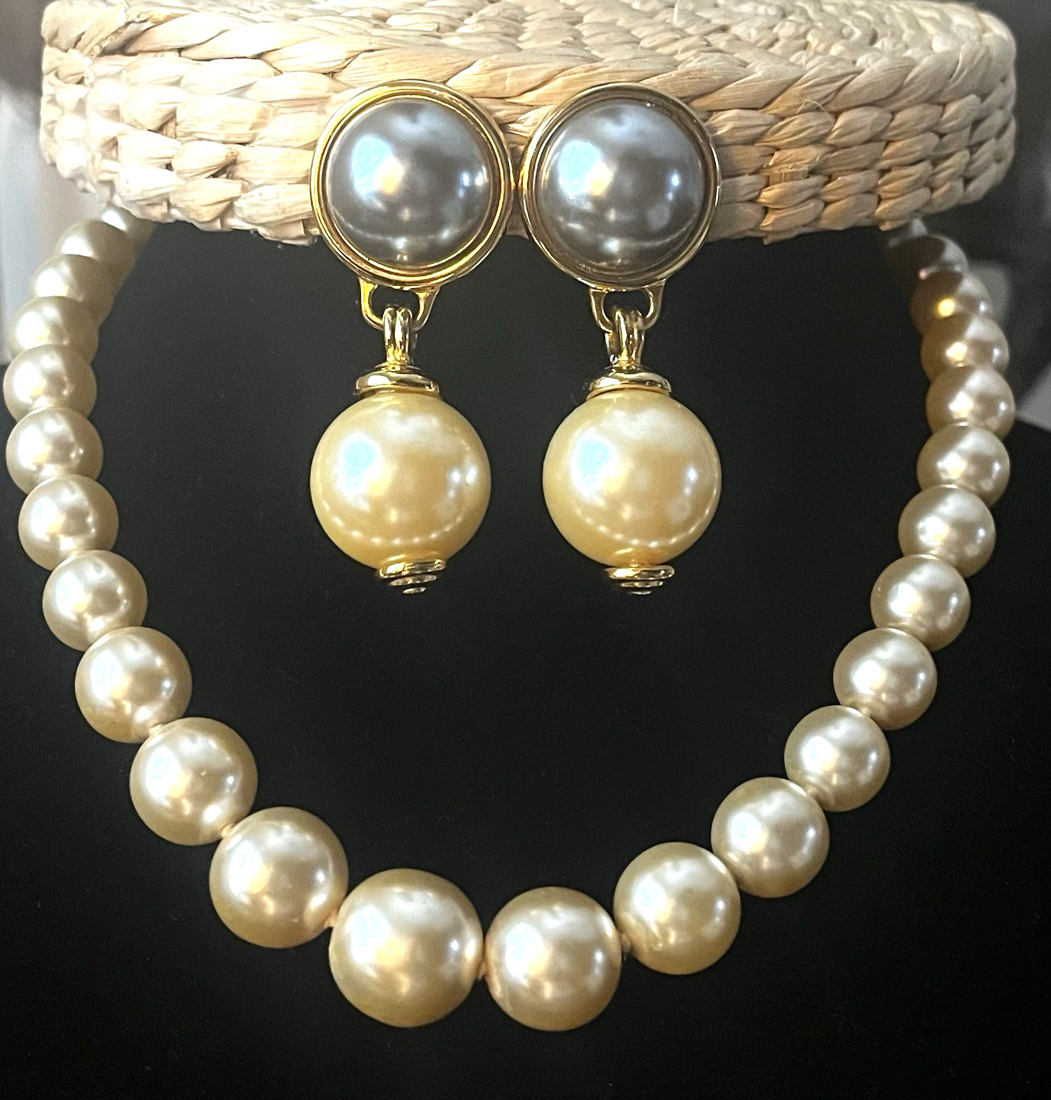 Joan Rivers 18” Faux Pearl Necklace and Statement Earrings Set – Cream & Gray