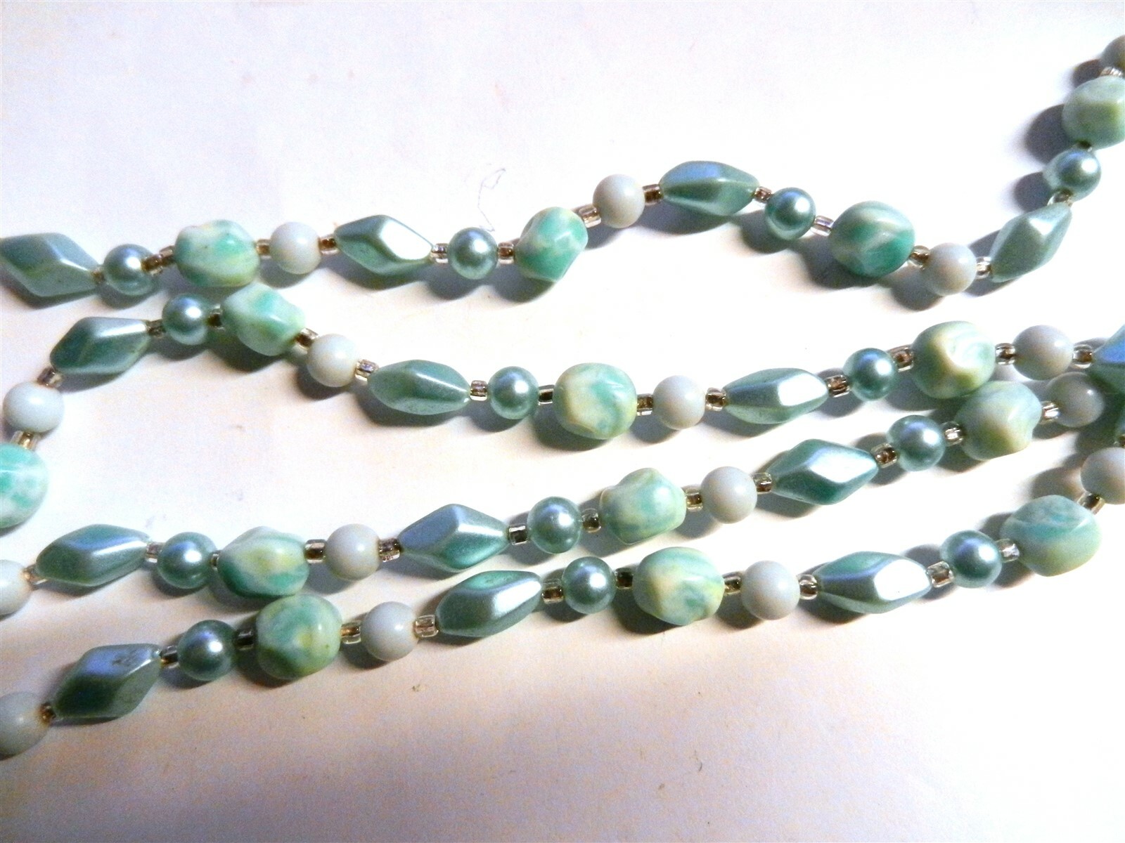 Vtg 4 Strand Necklace w/Earrings Teal Glass Beads Japan 1960’s Clip-on S04B