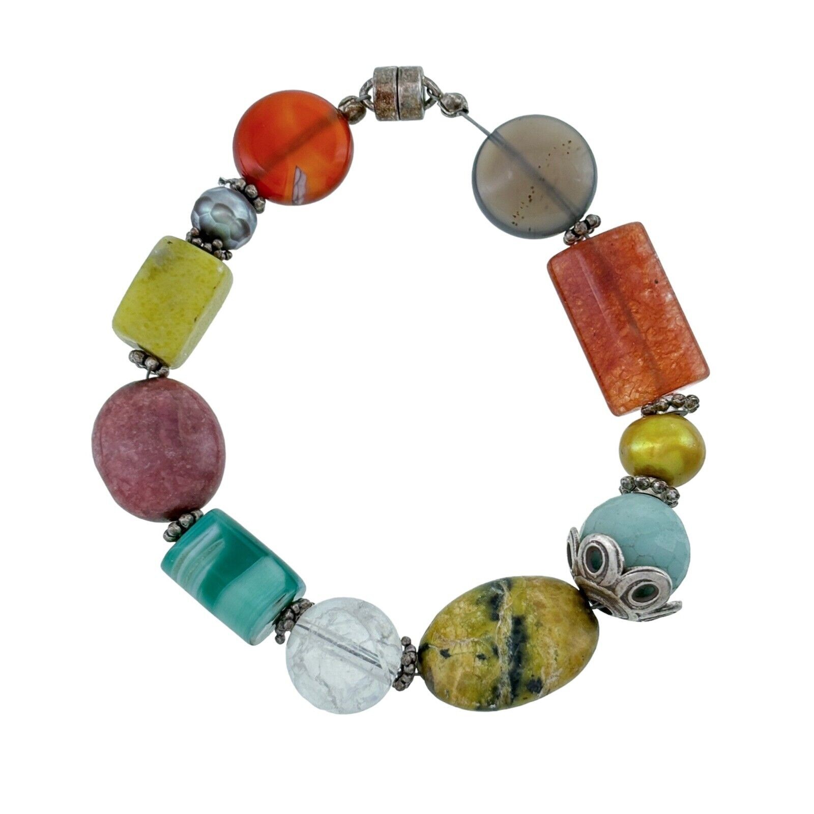 Artisan Silver Tone Multi Gem Magnetic Clasp Bracelet 7.25″