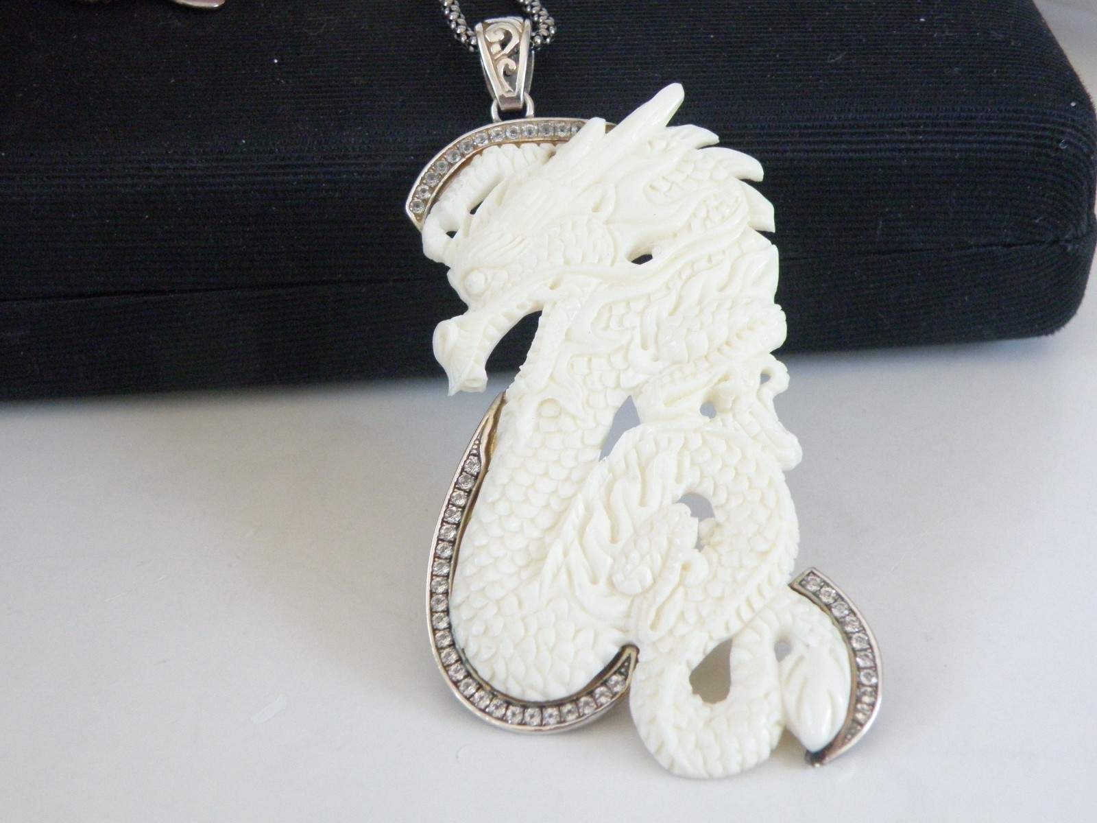 Huge Samuel B Carved CZ Dragon Statement Pendant Popcorn Mesh Necklace