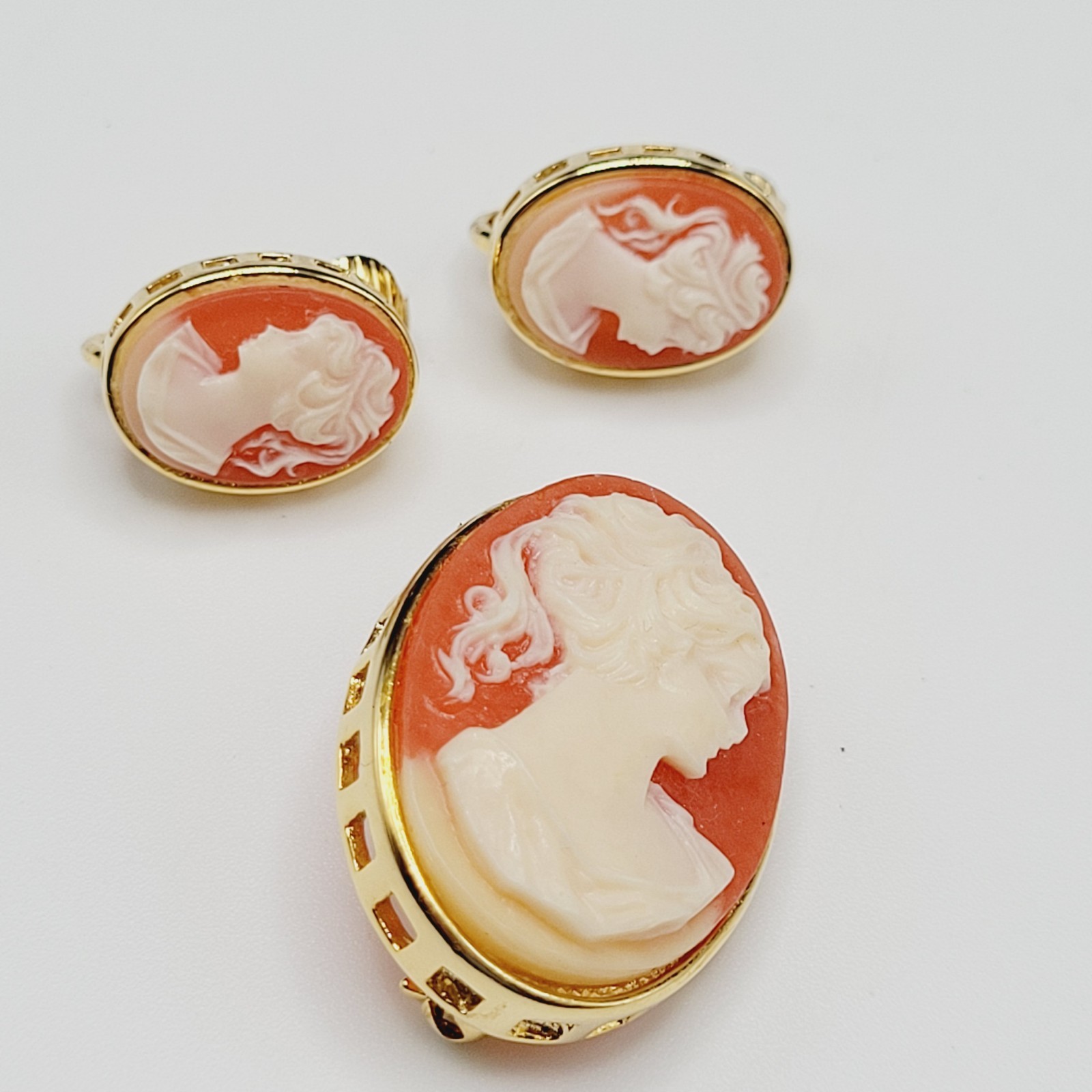 Cameo Set Resin Backed Gold Tone Open Works Frame Salmon Coral Color Revival