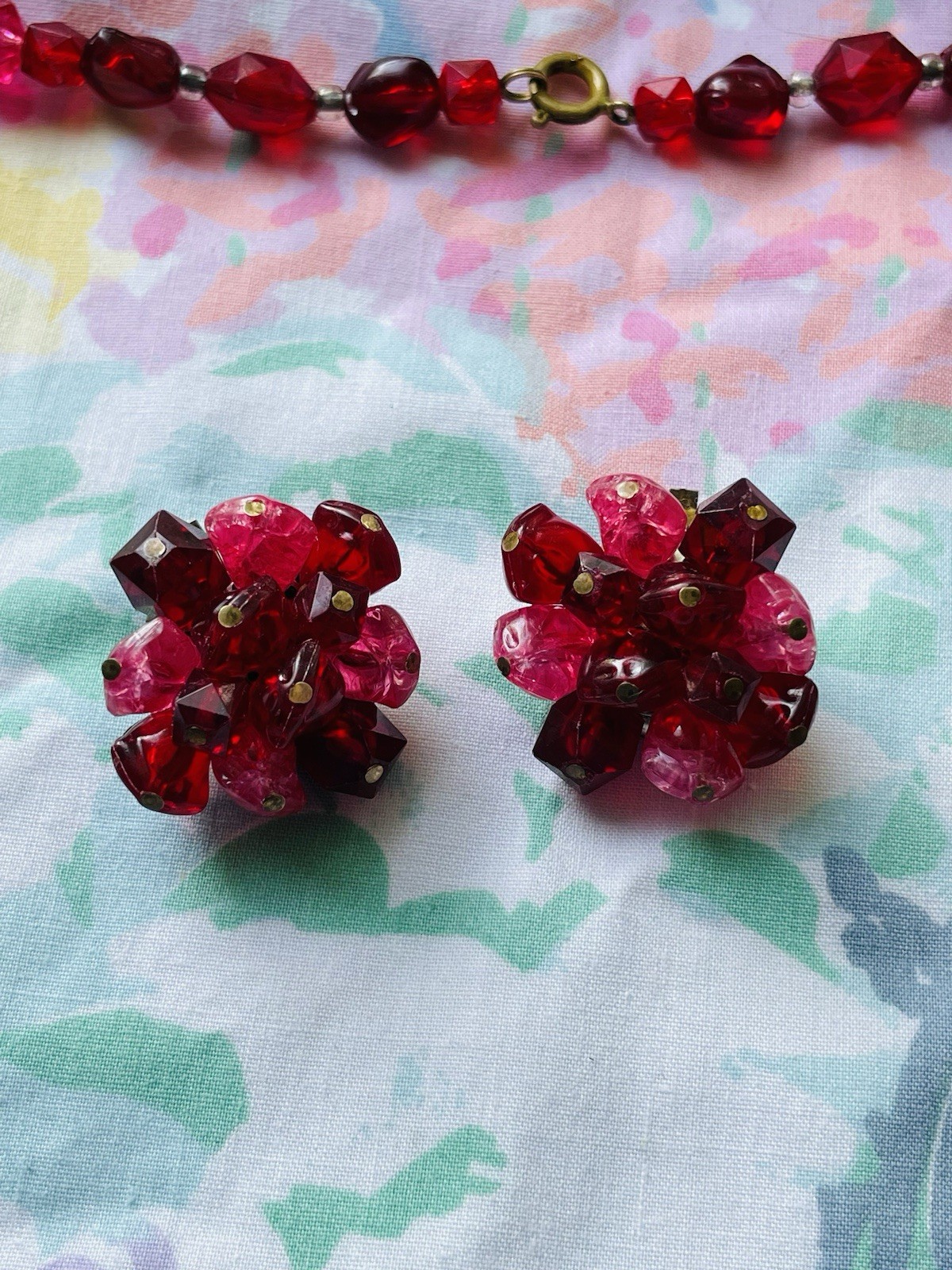 Vintage Signed Germany Necklace And Earring Set Red And Pink Acrylic Beads 1940s