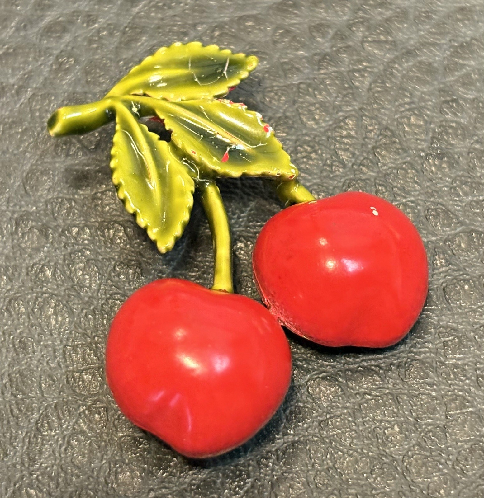 Vintage Enamel Red Green Cherry Brooch Gold Tone Pin