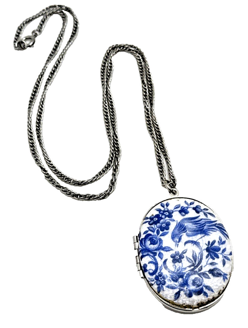 Vintage Guilloche Locket Blue White Enamel Bird of Paradise Floral 24″