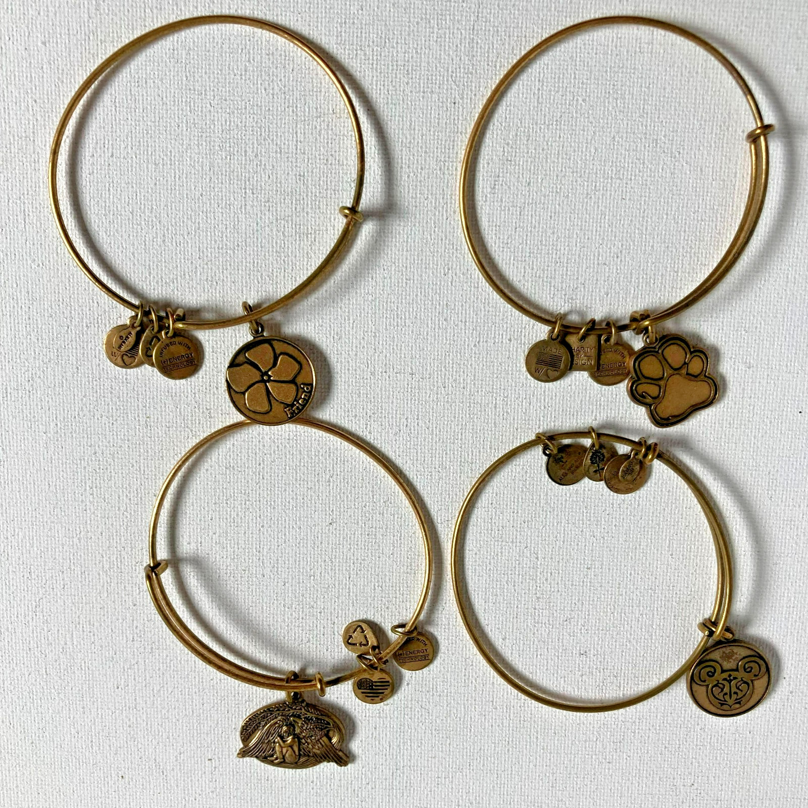 Bracelets 4 Vintage Alex and Ani Brass Friend with Flower Micky Mouse Angel Paw