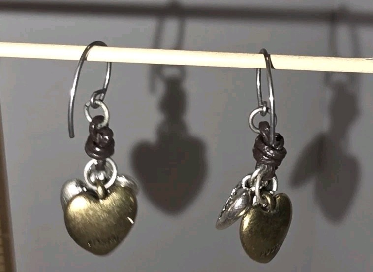 Vintage “Fossil” Two Tone Heart Dangle Pierced Earrings, about 1 inch dangle