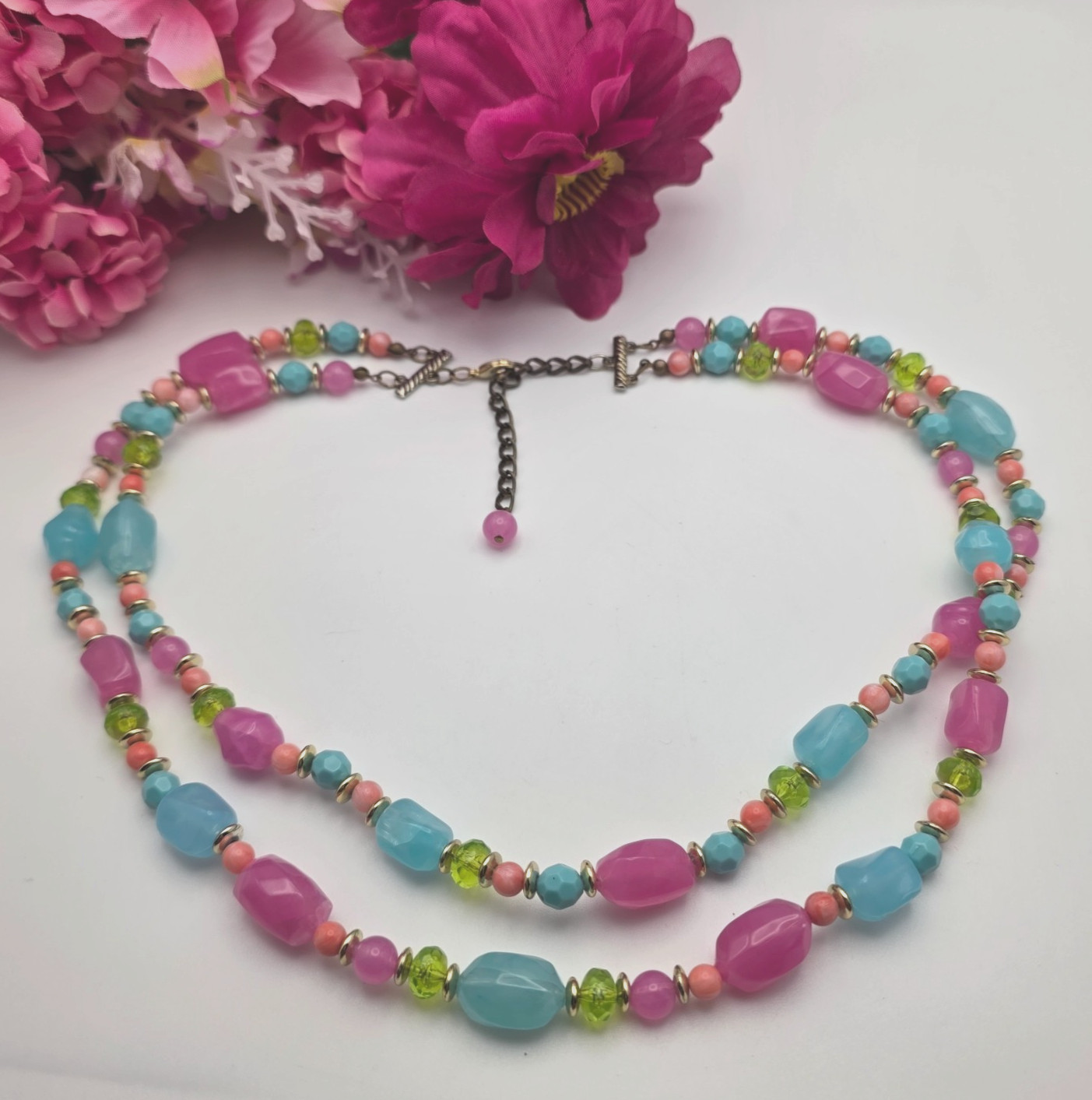 Vintage Fruit Salad Lucite Bead Necklace Double Strand Layered Pastel 22 in Adj.