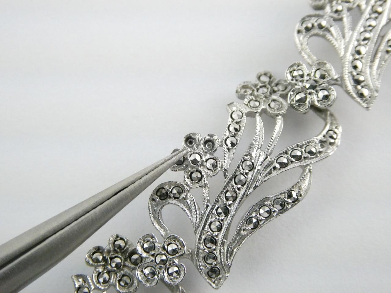 Vintage Deco Style Sterling Silver Marcasite Studded Bracelet 7.25 In GEMS MISS