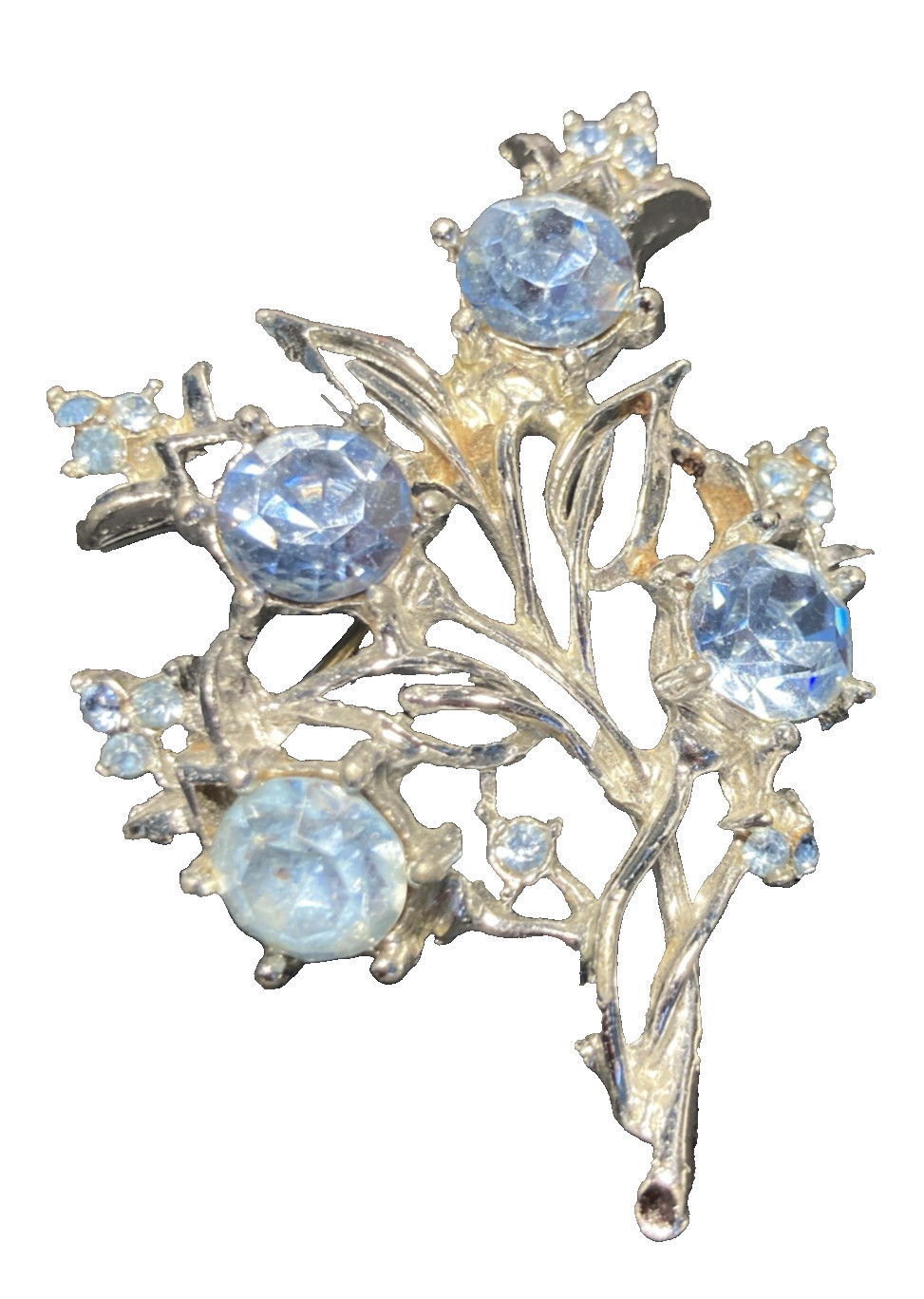 Brooch Pin Silver Tone Baby Blue Rhinestone Leafy Floral Flower Bouquet 2.25″ pr