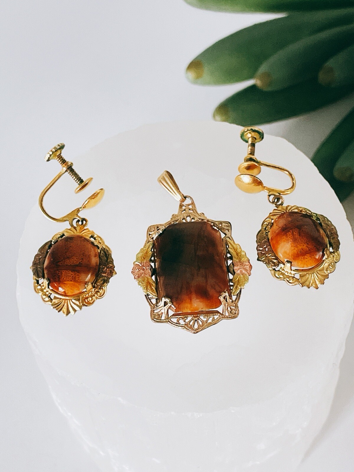 Baltic Honey Amber Gold Filled Pendant & ScrewBack Earrings Set Stunning Vintage