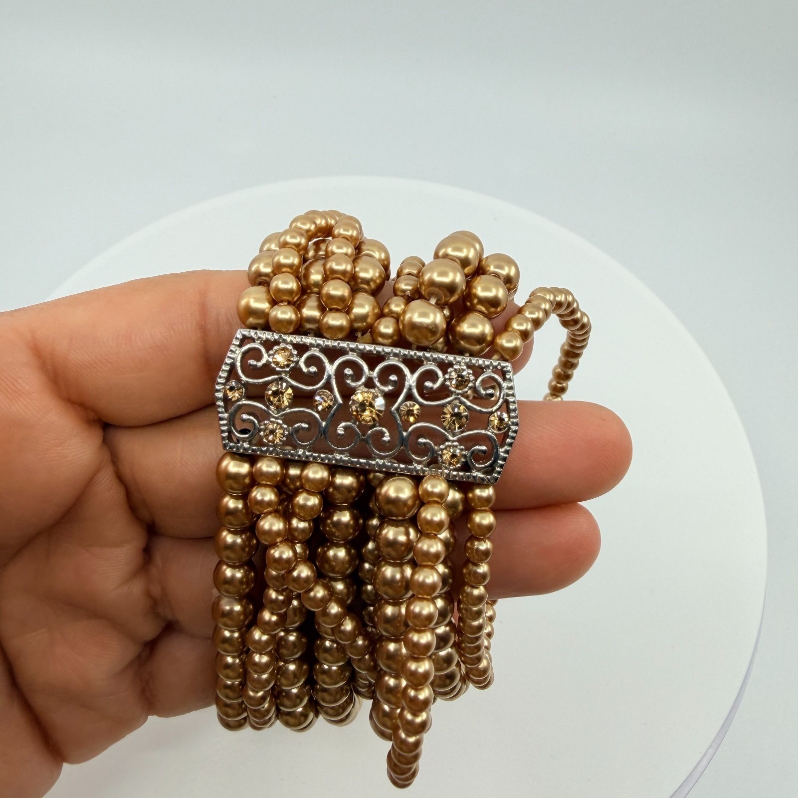 Bracelet Vintage Champagne Faux Pearl Multi Strand Silver Tone Filigree Retro