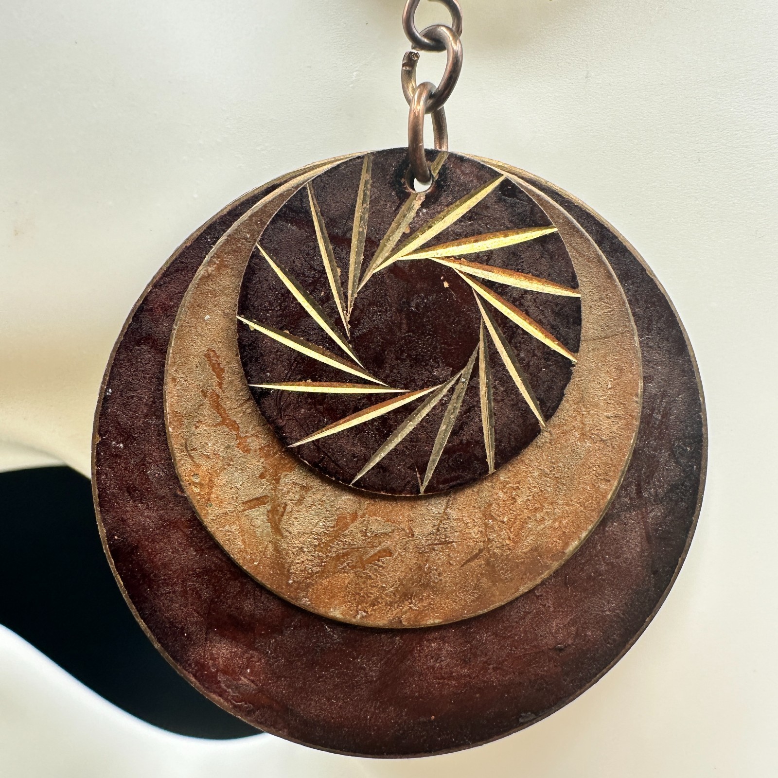 Vintage Brown Copper Layered Eyes shape Disks Dangle Earrings with 3 Disks 2 in