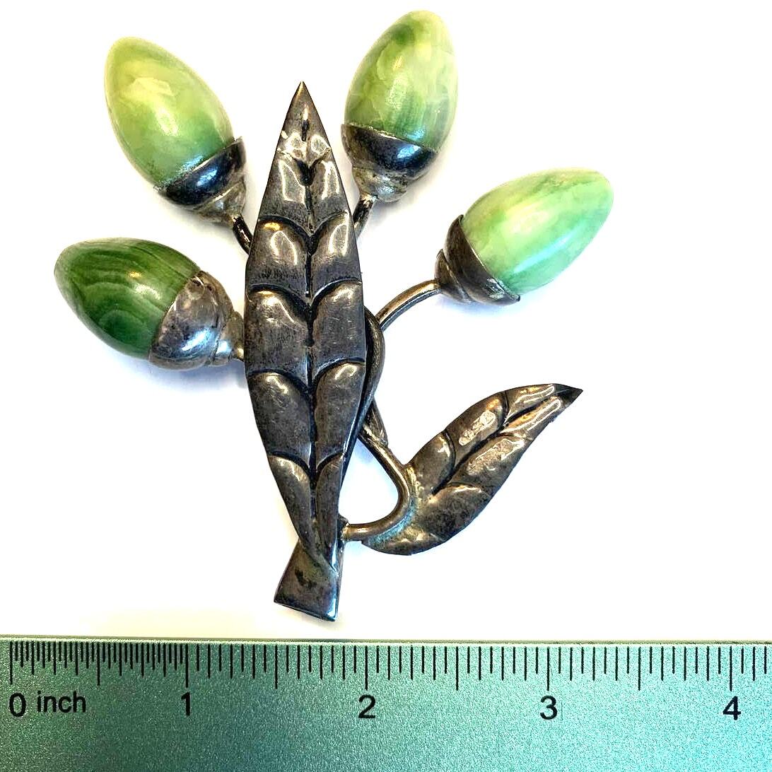 Vintage Mexico Silver and Green Agate Flower Bud Brooch Pin