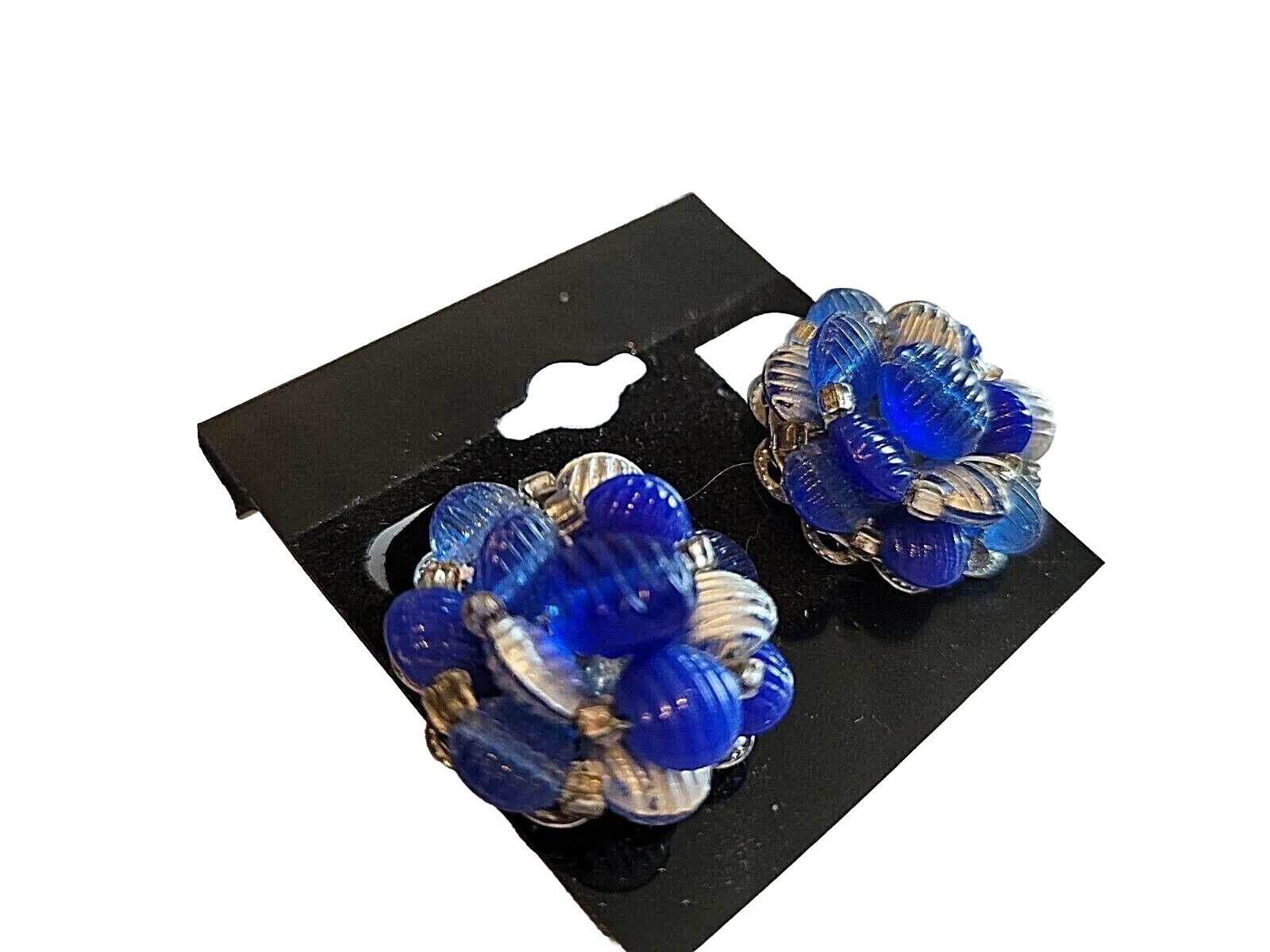 VTG Cluster round unique blue silver Clip Earrings Flower Grannycore