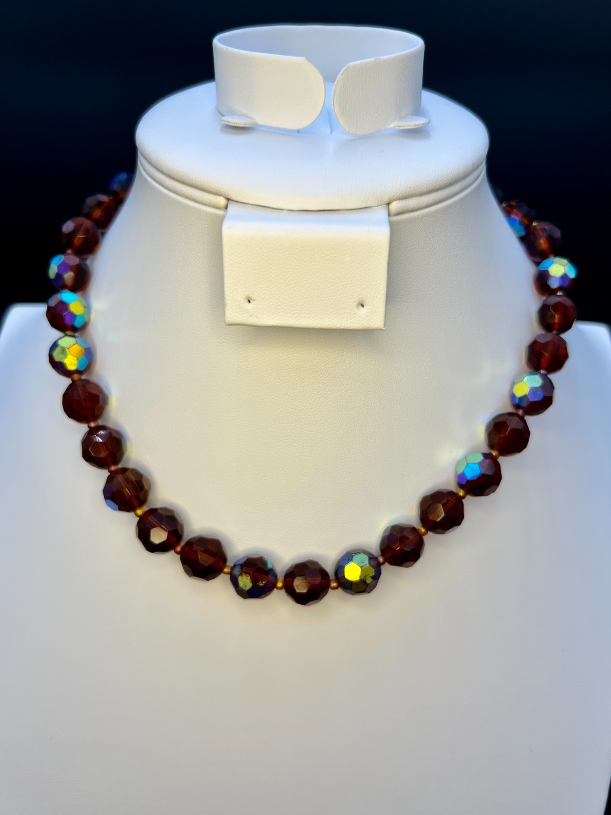 Vintage Aurora Borealis Glass Bead Necklace 17–18″ Red Brown Faceted Beads 1980s