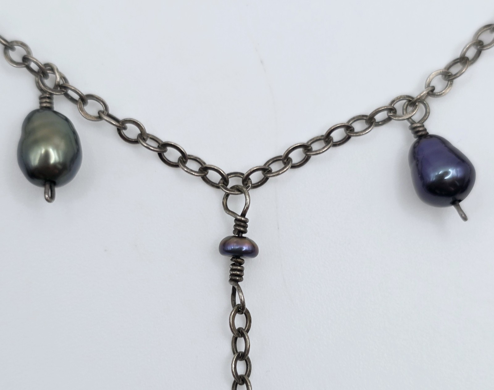 Vintage 925 Sterling Silver Garnet Pearl Festoon Dangle Necklace 15″ Choker