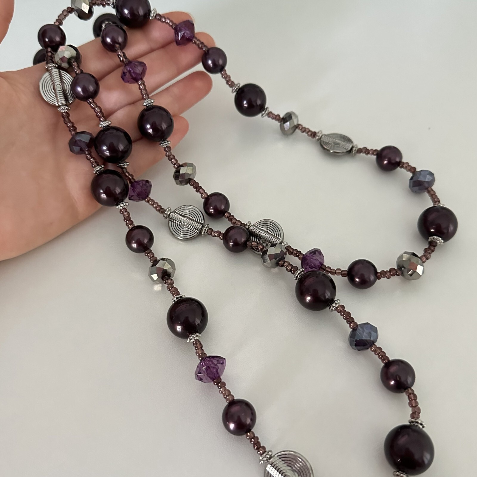 Vintage Purple & Silver Faceted Crystal Plum Acrylic Beaded Long Necklace 42″