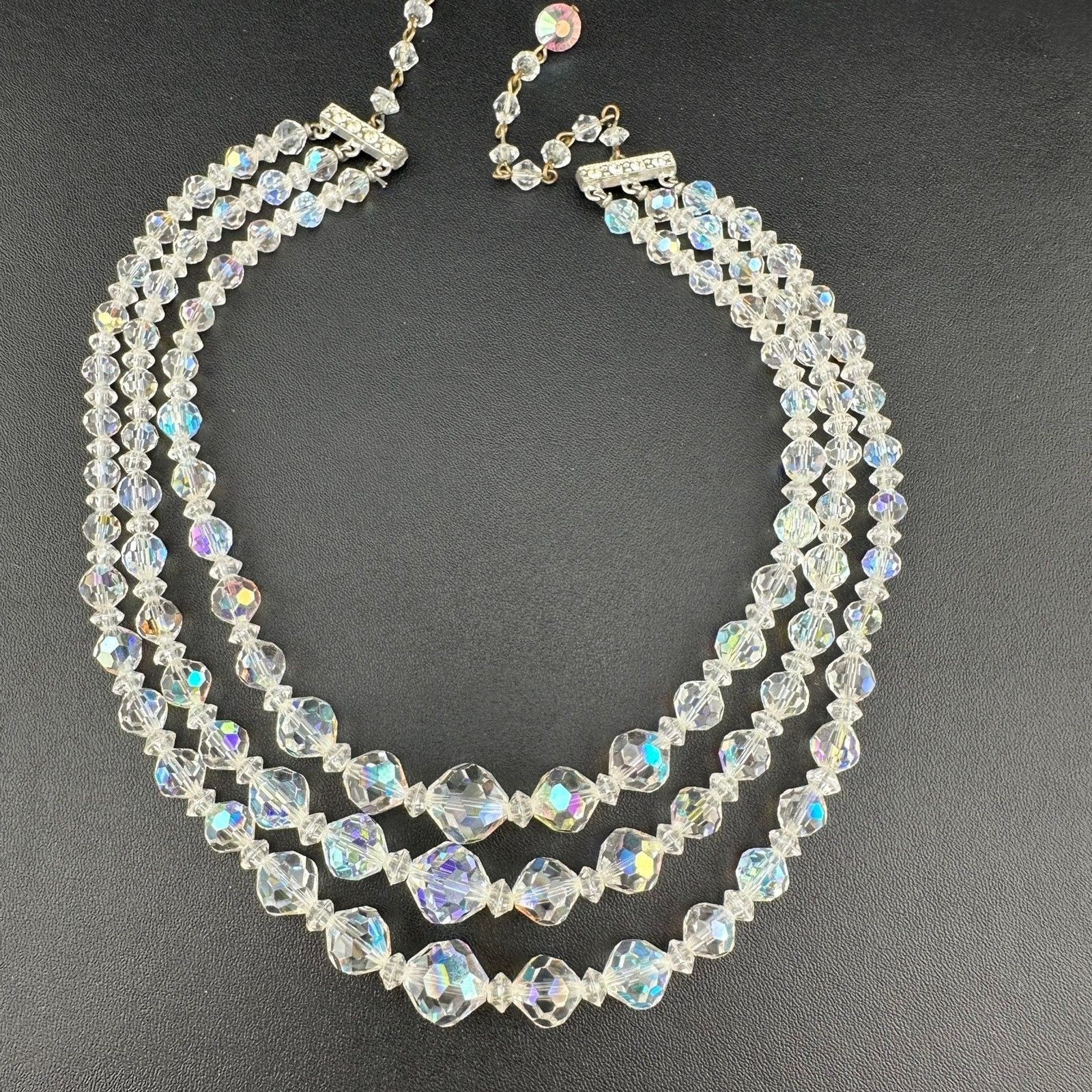 Vintage Aurora Borealis Necklace Crystal Faceted Three Strand Adjustable Hook