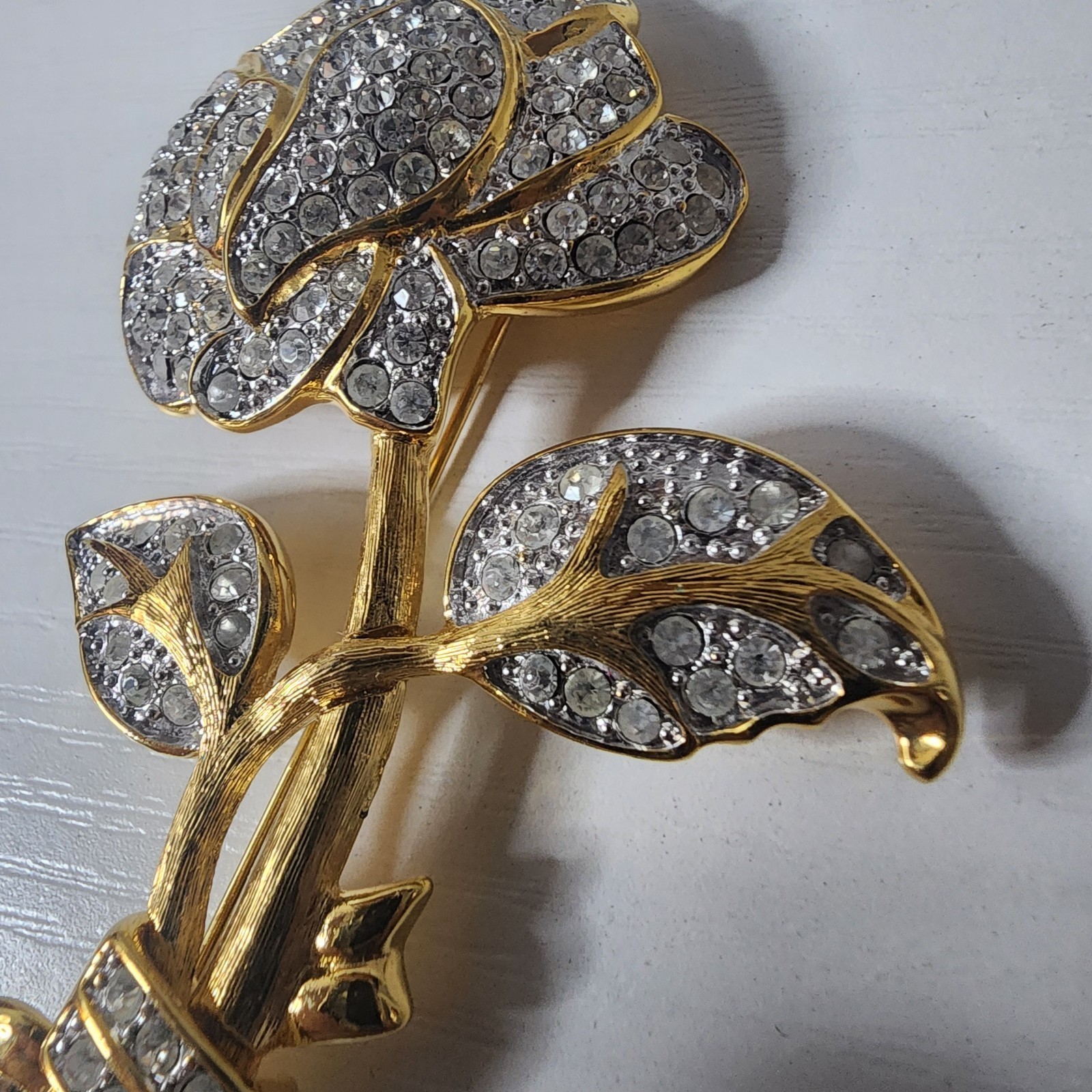 Vintage Nolan Miller Large Brooch Pin Pave Rose Flower Gold Tone & Rhinestones