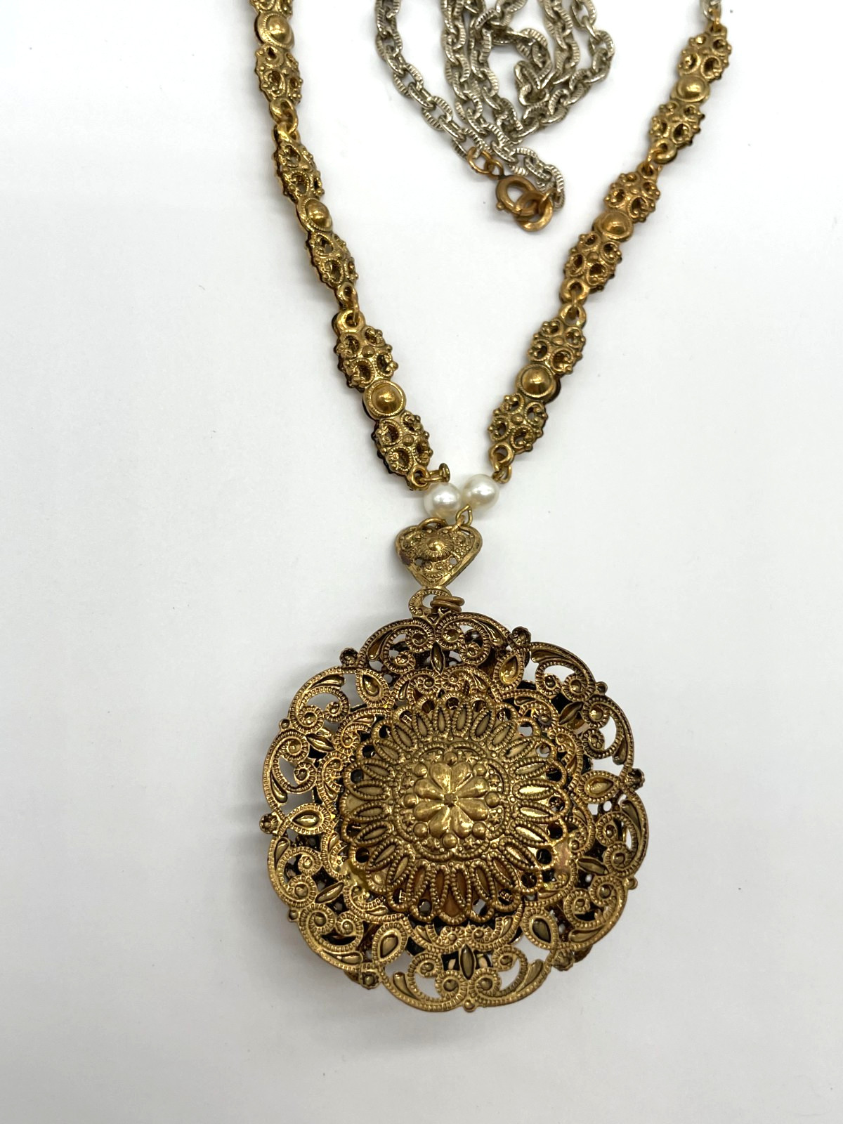 VTG W. Germany Ornate Hematite Glass Cabochon Gold tone brass filigree necklace
