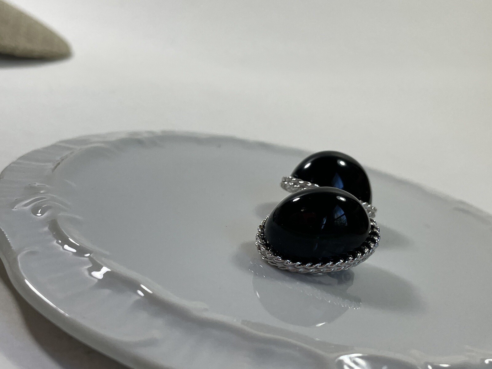 Vintage 80s Signed Les Bernard Clip on Earrings Black with Silver Tone edges