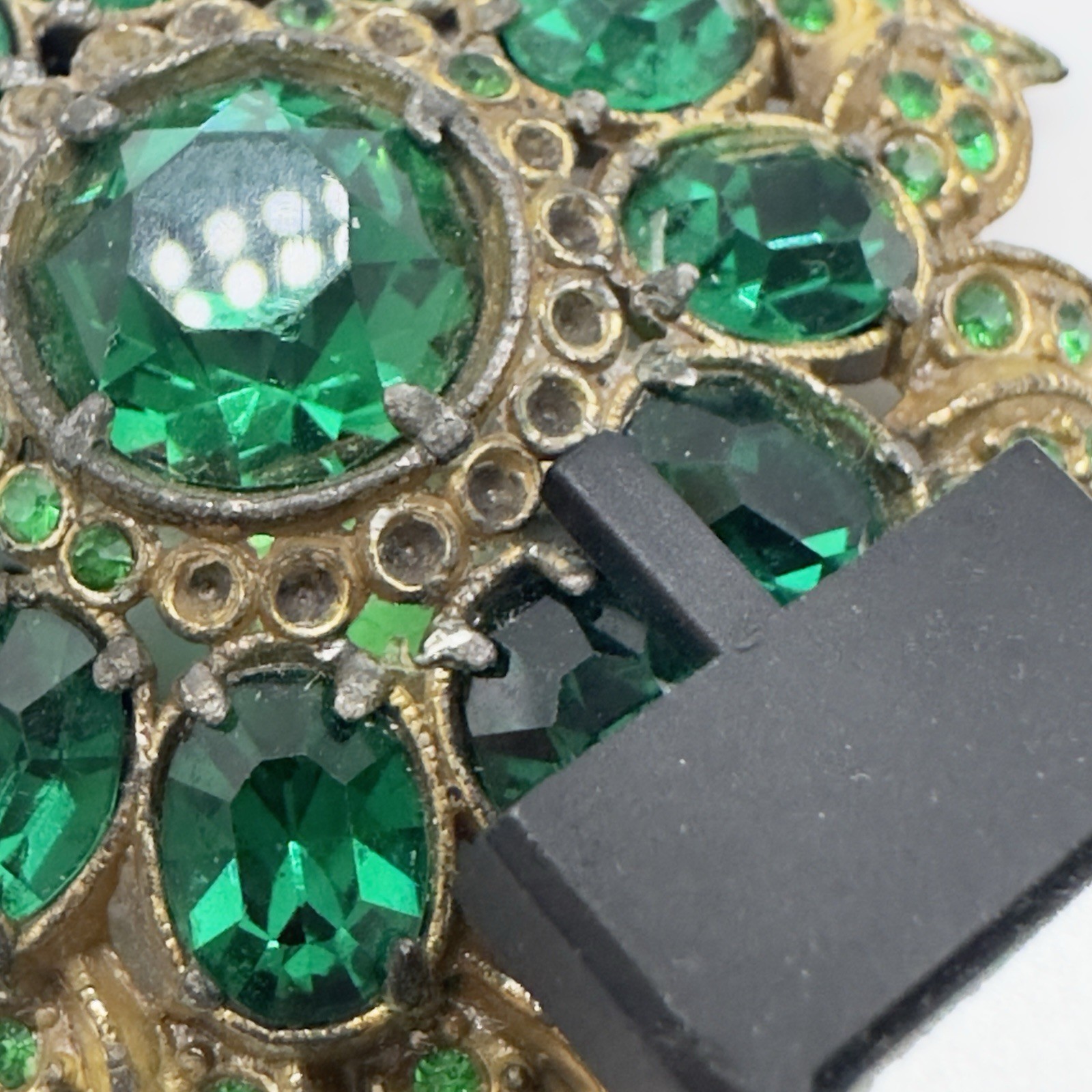 Vintage Pot Metal Dress Clip Flower Gold Tone Green Rhinestones 3″